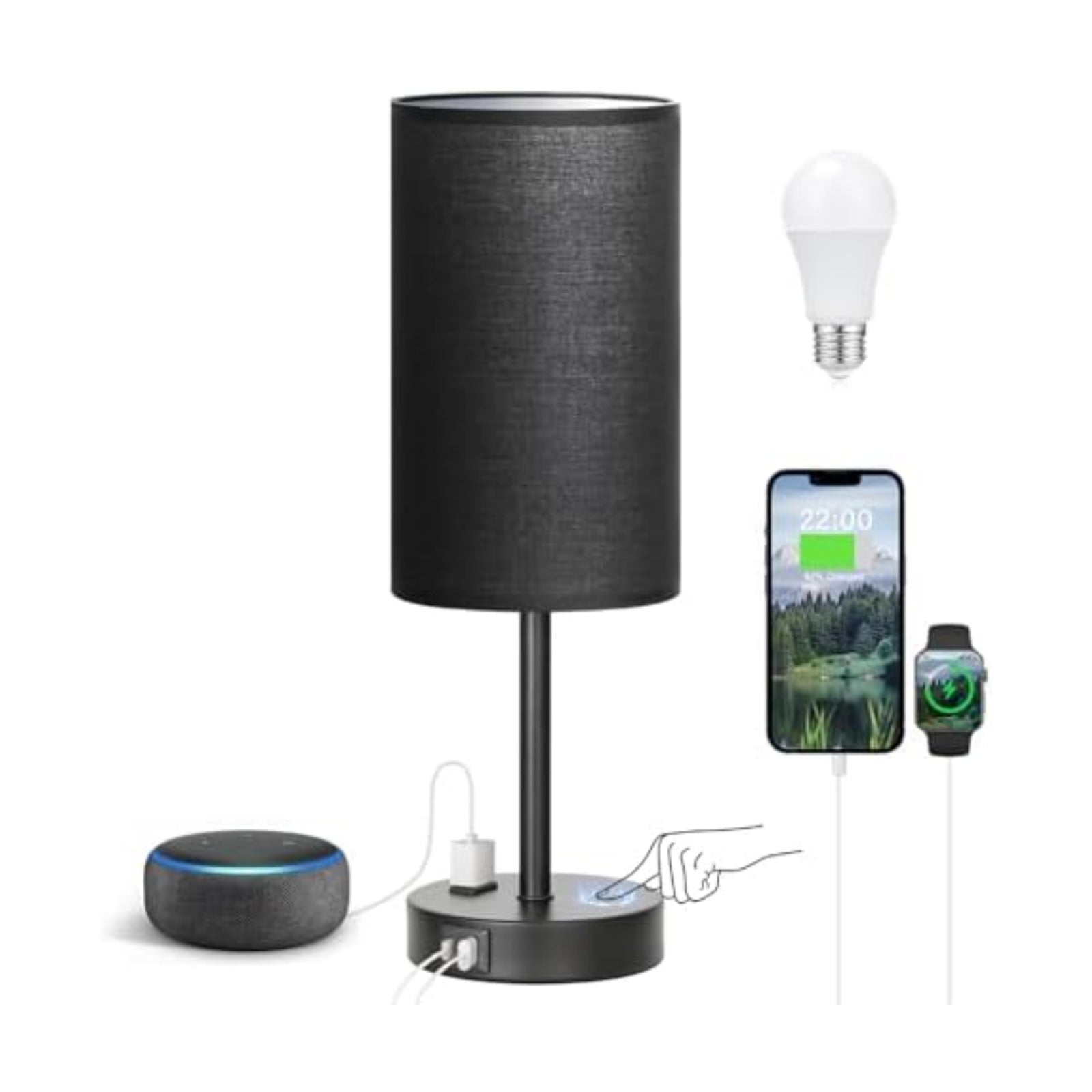 Fenmzee 17.4" Black Lamp for Bedroom - Dimmable Touch, USB A+C, AC Outlet