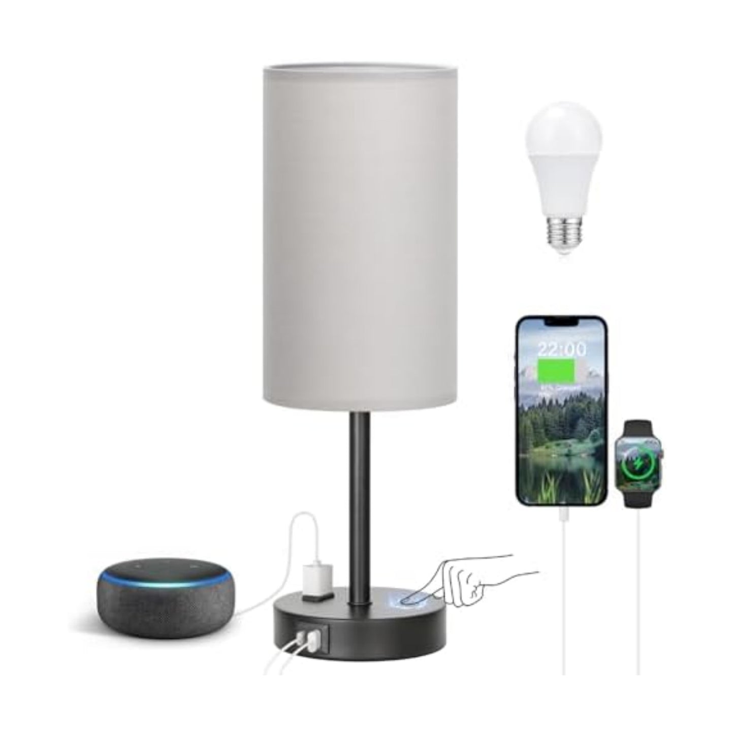 Fenmzee 17.4" Grey Lamp for Bedroom - Dimmable Touch, USB A+C, AC Outlet