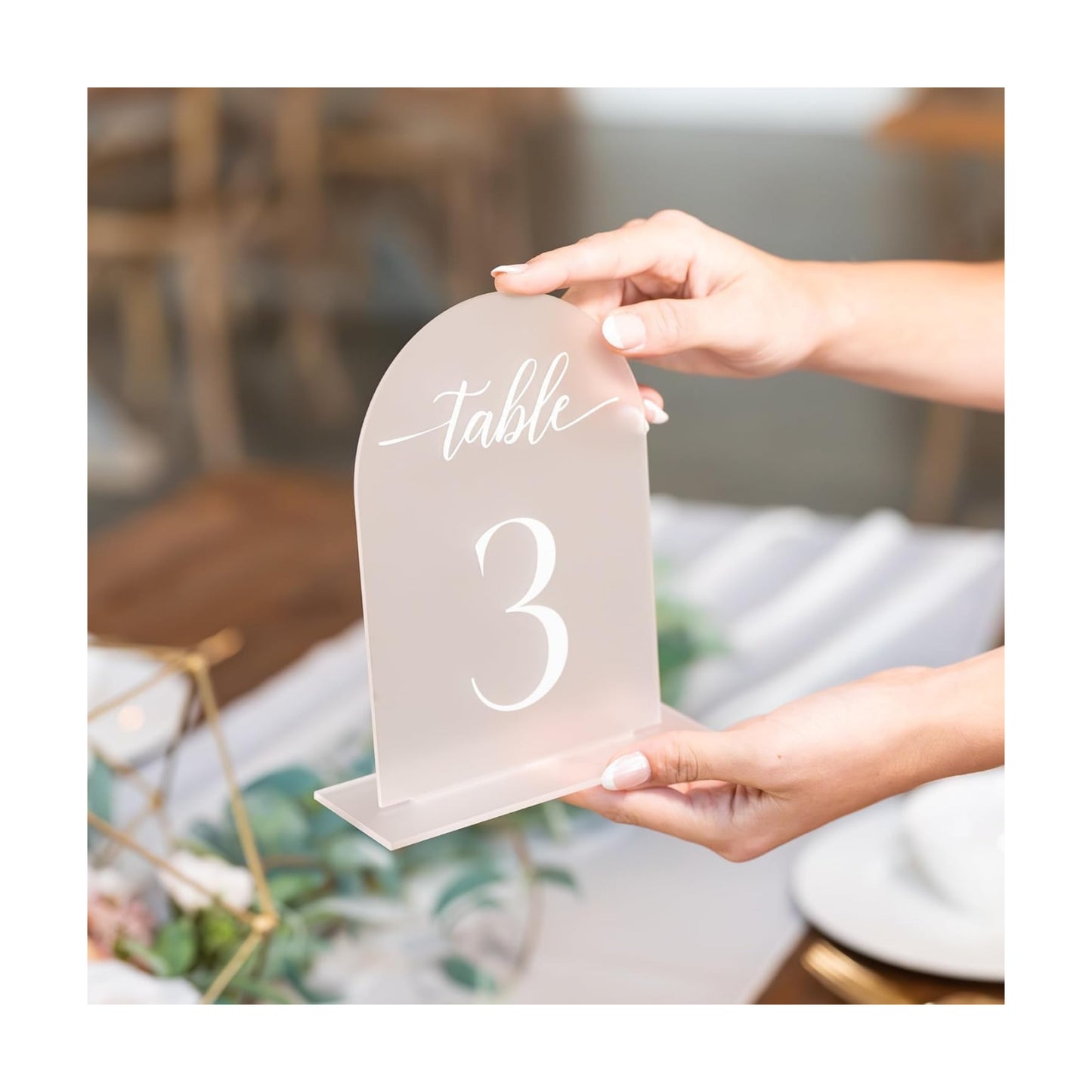 Frosted Arch Acrylic Table Numbers for Wedding Reception - 5" x 7" White Font Centerpiece Set with Holder Stands & Head