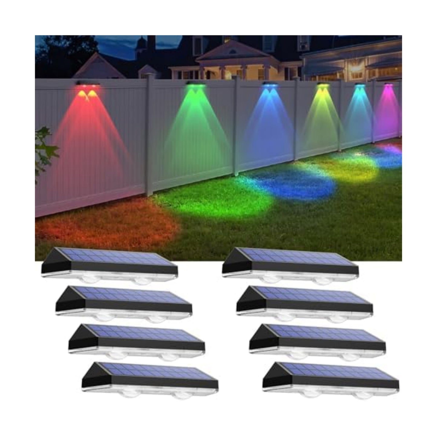 Solar Fence Lights Outdoor - Warm White & RGB 6 Color, Dusk to Dawn Solar Deck Light, Solar Lights Outdoor IP65