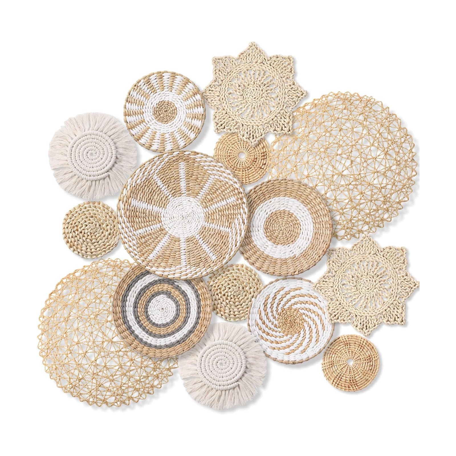 Boho Wall Basket Decor Woven Rattan Seagrass Wall Decor Hanging / Grey White Style / Set of 15