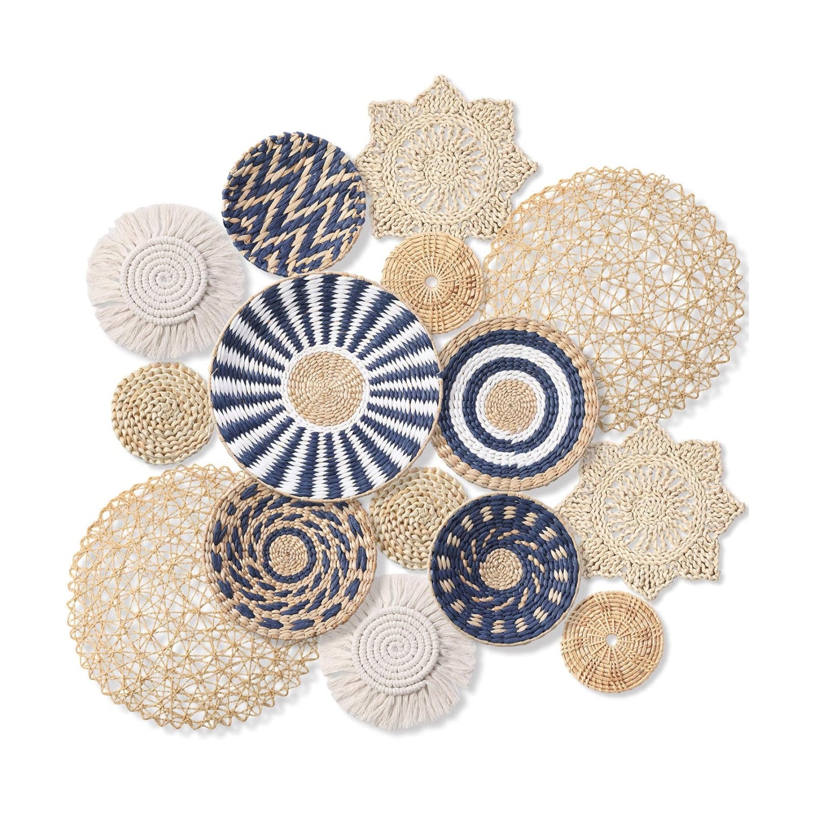 Boho Wall Basket Decor Woven Rattan Seagrass Wall Decor Hanging Rustic / Blue Style / Set of 15