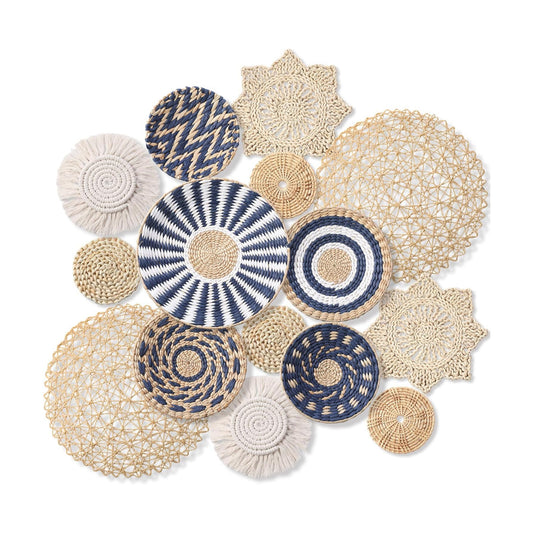 Boho Wall Basket Decor Woven Rattan Seagrass Wall Decor Hanging Rustic / Blue Style / Set of 15