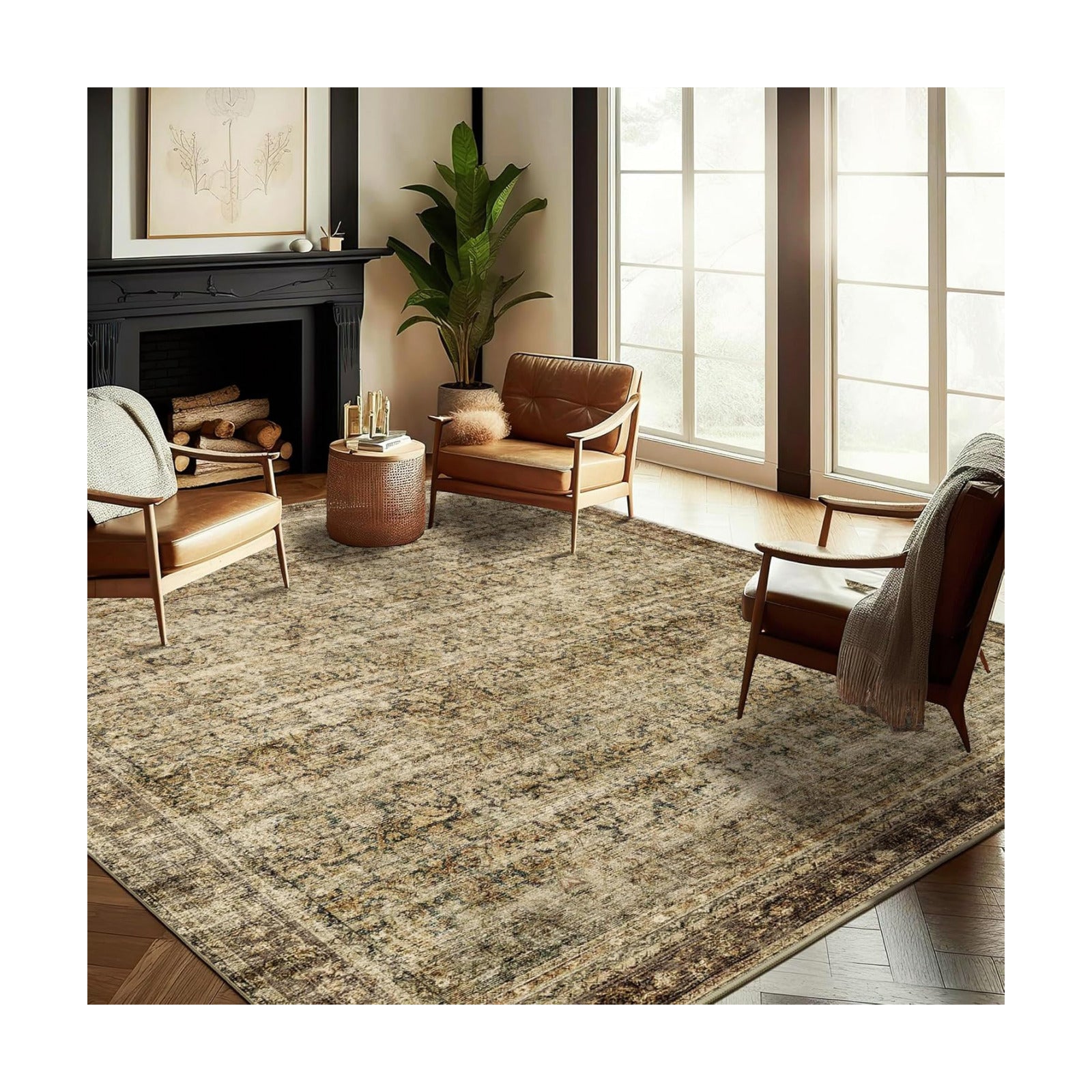 Area Rug Washable Rug Brown Vintage Traditional Mat Distressed Indoor / Green and Brown / 8' x 10