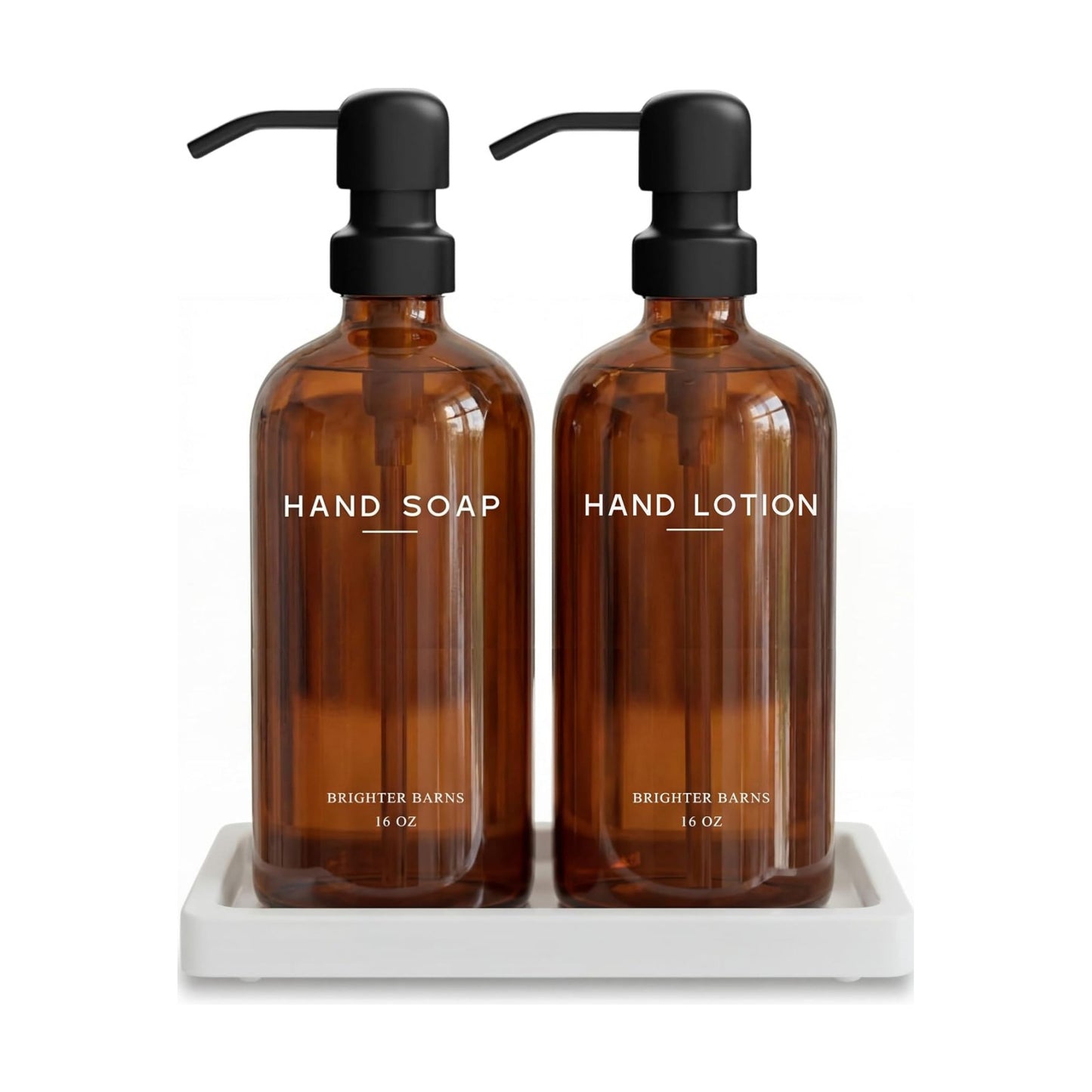 Amber Glass Soap and Lotion Dispenser Set with Tray by Brighter Barns - Hand Soap Dispenser Bathroom Set & Stainless