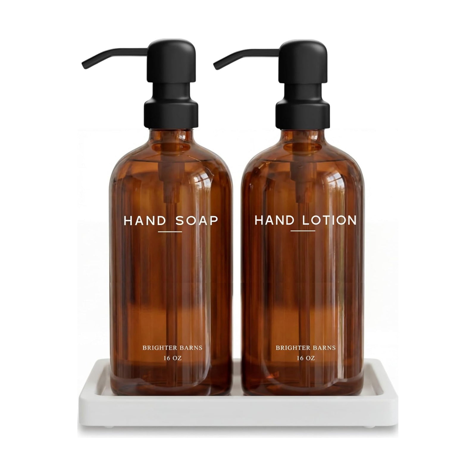 Amber Glass Soap and Lotion Dispenser Set with Tray by Brighter Barns - Hand Soap Dispenser Bathroom Set & Stainless