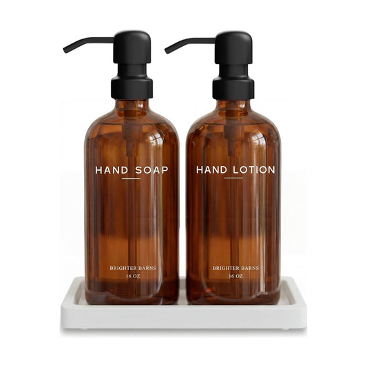 Amber Glass Soap and Lotion Dispenser Set with Tray by Brighter Barns - Hand Soap Dispenser Bathroom Set & Stainless