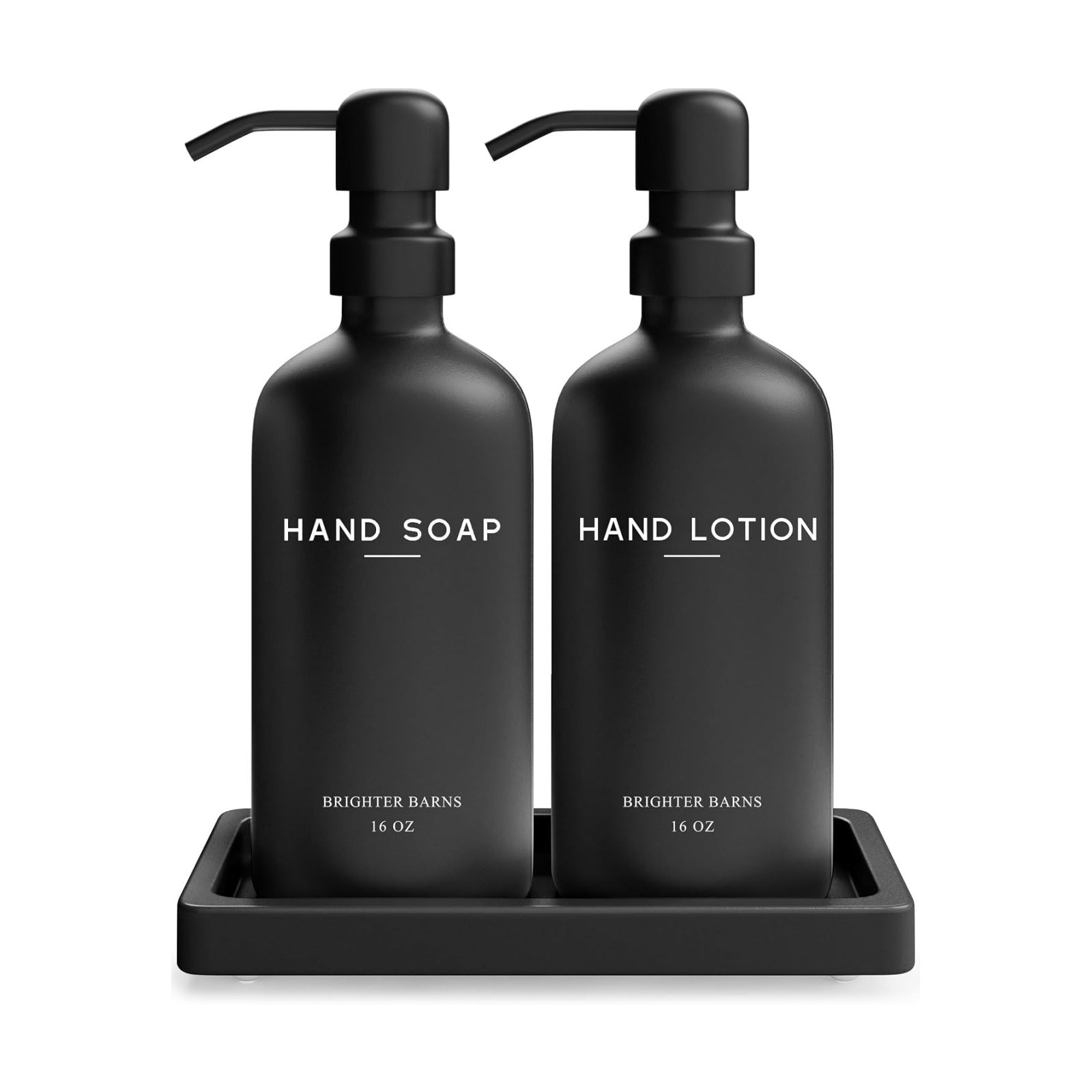 Black Glass Soap and Lotion Dispenser Set with Tray by Brighter Barns - Hand Soap Dispenser Bathroom Set & Stainless