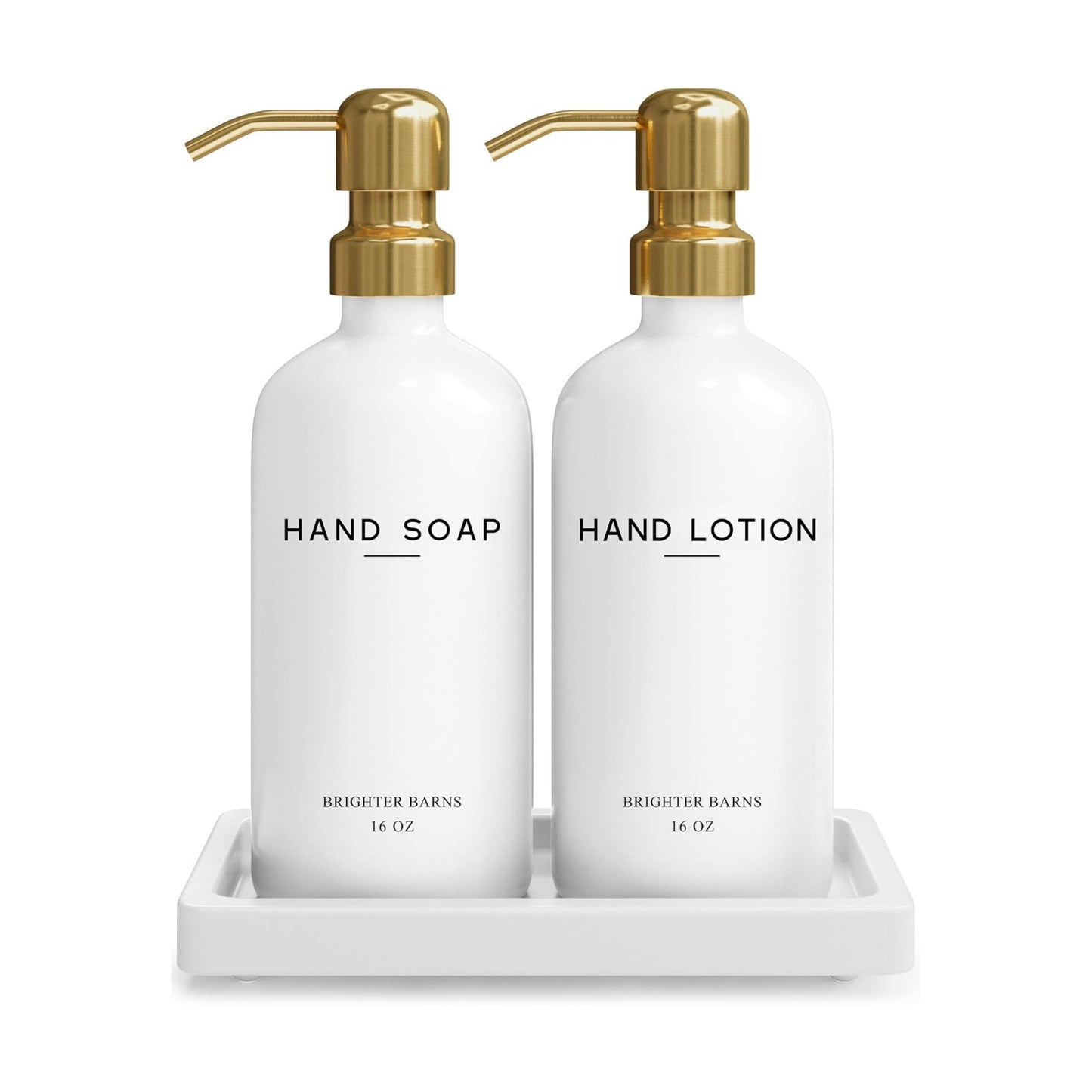 Luxury Glass Soap and Lotion Dispenser Set with Tray by Brighter Barns - Hand Soap Dispenser Bathroom Set & Stainless