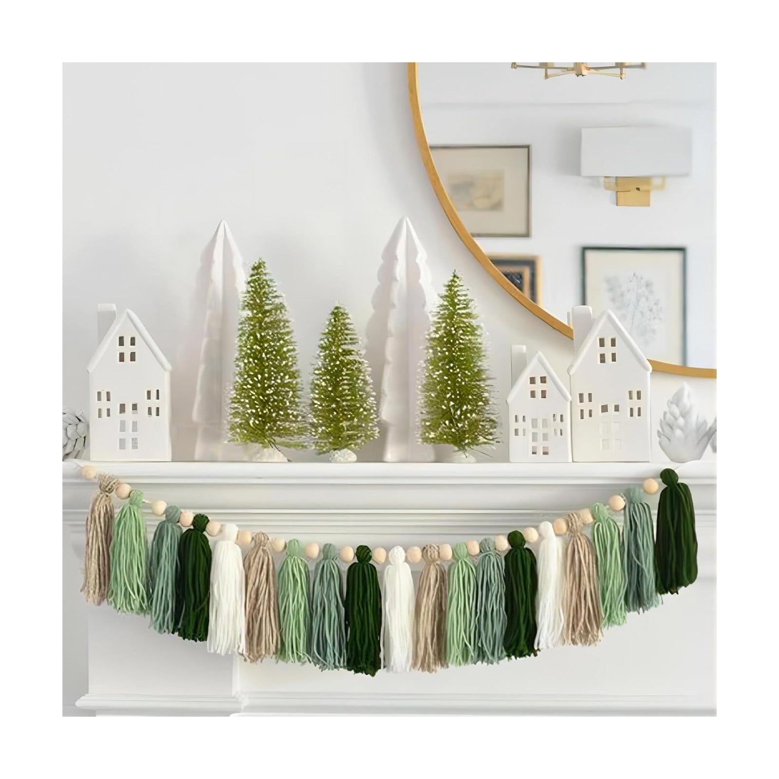 Green Tassel Wood Bead Garland Wall Hanging In Home Decor For Nursery Kids Bedroom / Green Banner