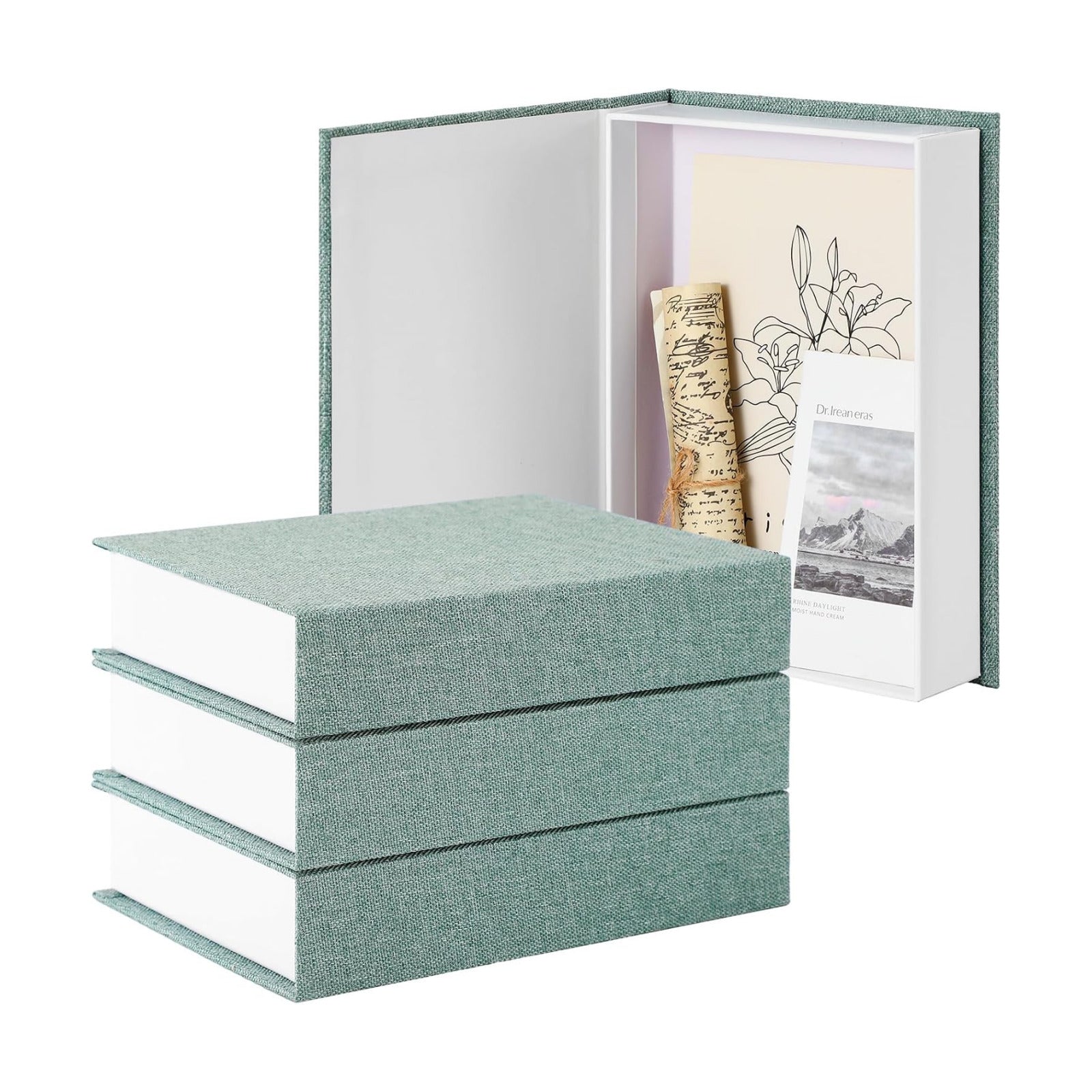 Fake Book Box Neutral Linen Book Box Decorative Faux Prop / 8.6 x 6.1 x 1.8 / Green / Set of 3