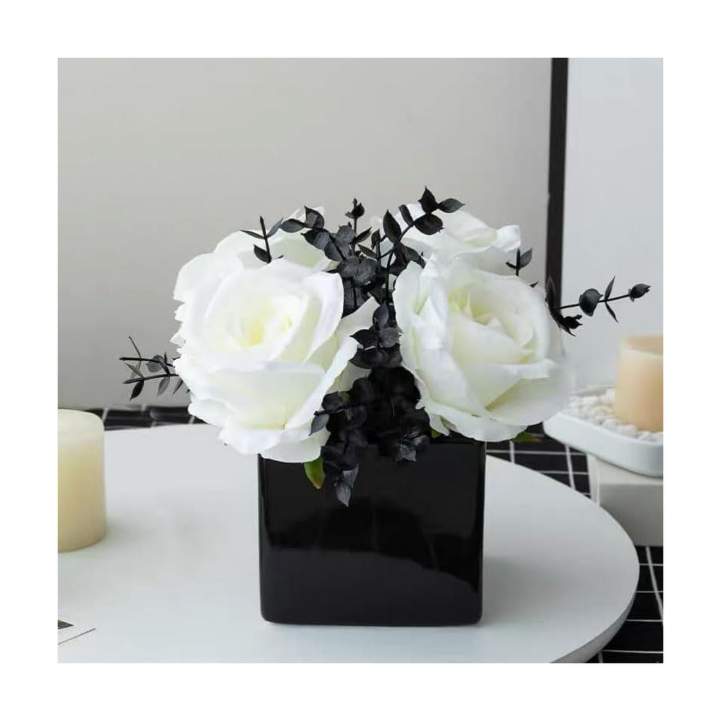 Artificial Flowers / Small Ceramic Vases / White+black