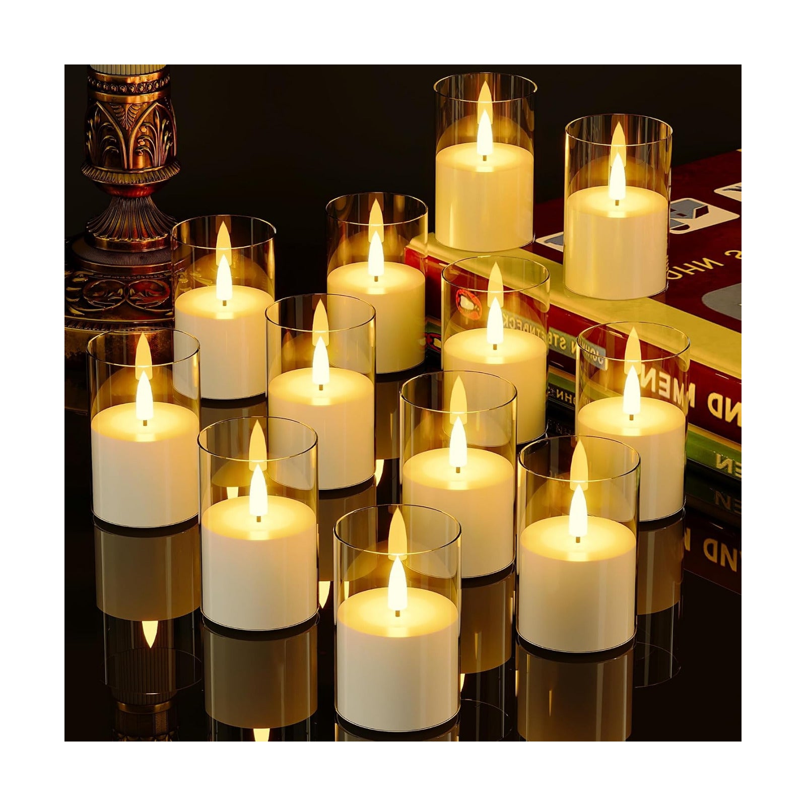 VIODAIM 12Pack Flickering Flameless LED Candles with Timer, Battery Powered - Small Pillar & Votive, Clear (2"X3")