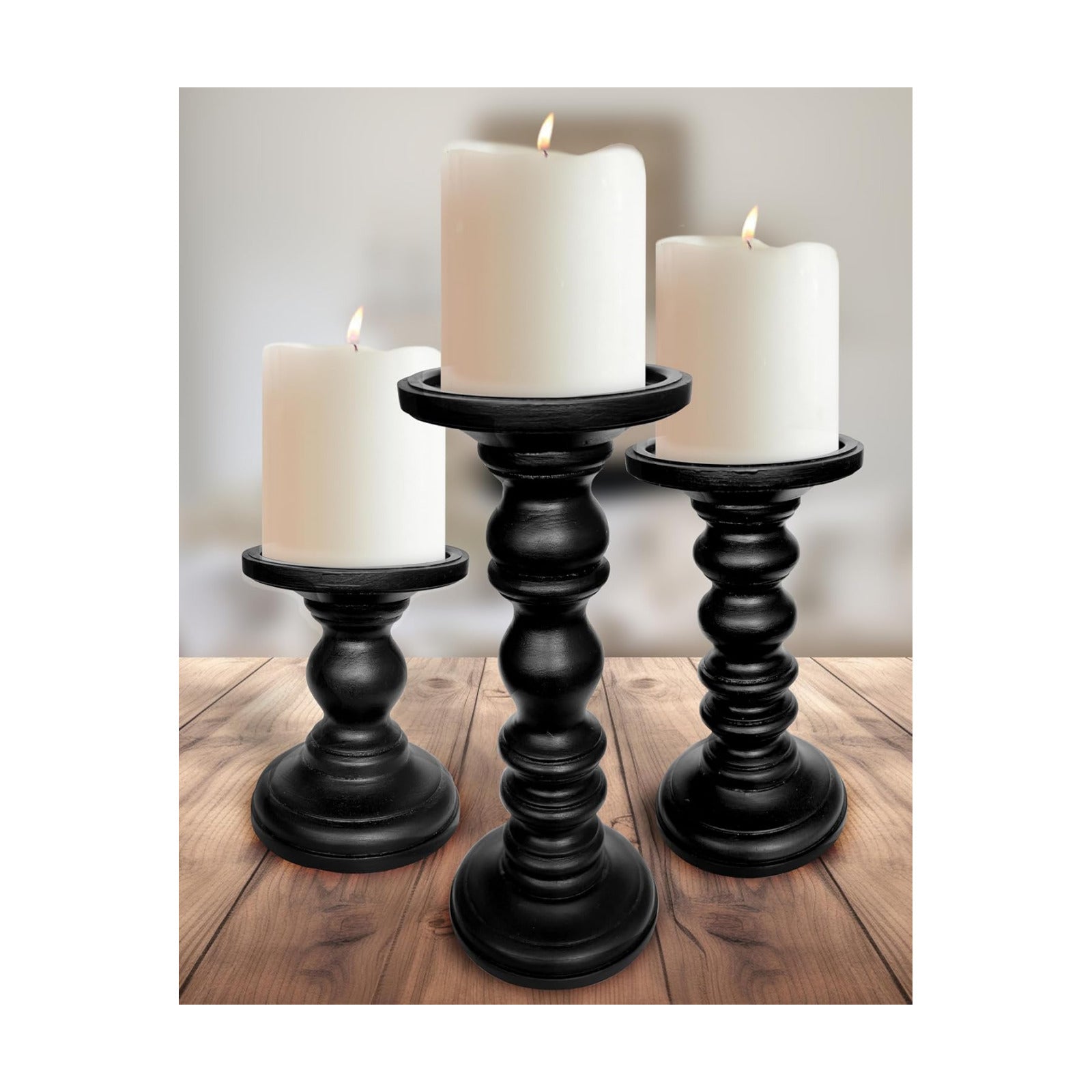 Satin Black Candle Holders for Pillar Candles (Set of 3) Tall Large Rustic Pillar Candlestick Stands - Fits Both 4 inch