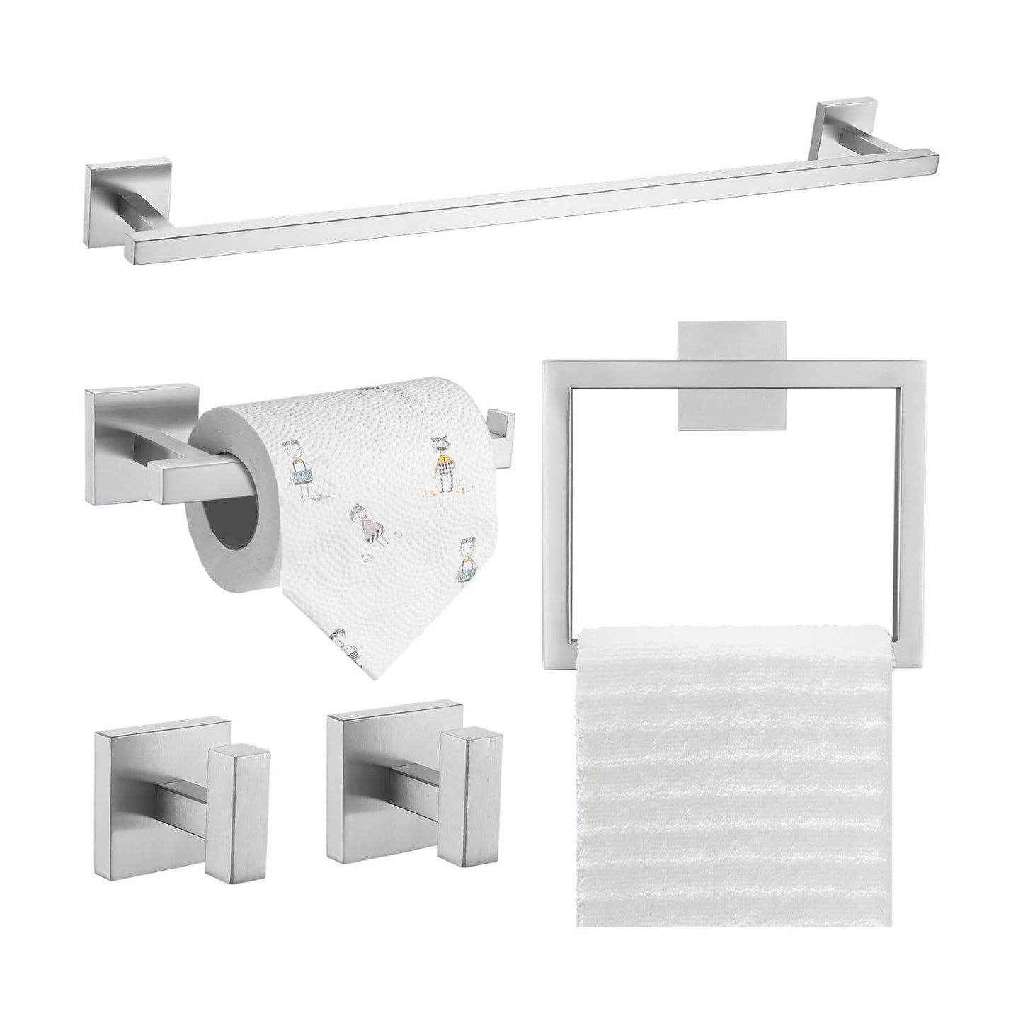 TQKAG 5-Piece Bathroom Hardware Set, Brushed Nickel Classic Wall Mounted | SUS304 Stainless Steel, Towel Bar Set, Towel