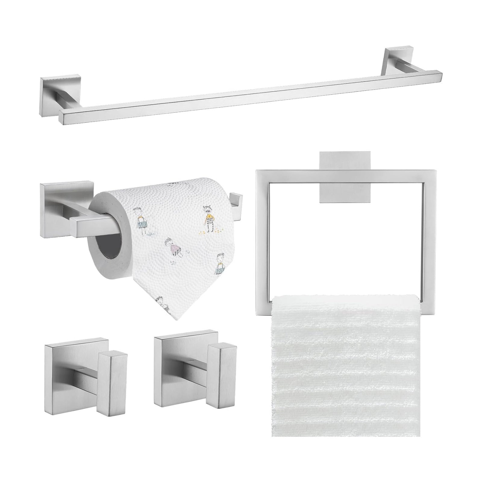 TQKAG 5-Piece Bathroom Hardware Set, Brushed Nickel Classic Wall Mounted | SUS304 Stainless Steel, Towel Bar Set, Towel