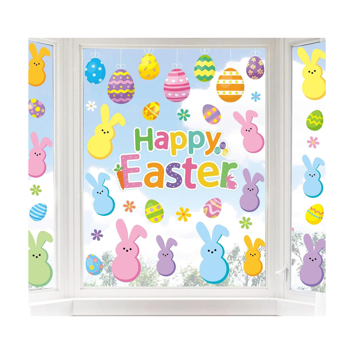 Whaline Easter Window Clings Happy Easter Bunny Rabbit Egg Double-Side Window Decals for Home Office School Shop Display Party Decorations, 107 Pcs, 9 Sheet
