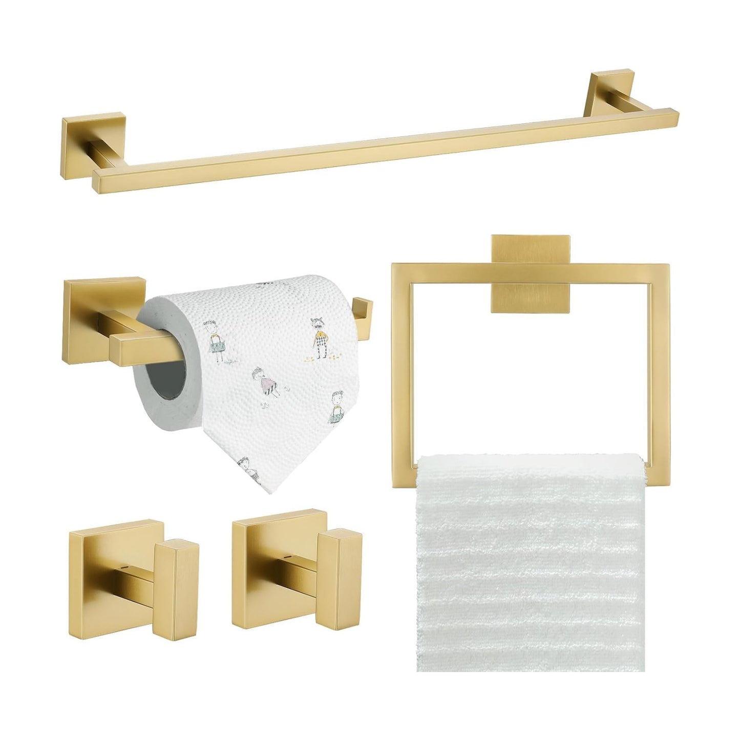TQKAG 5 Piece Brushed Gold Bathroom Accessories 23.6" Bathroom Hardware Set | SUS304 Stainless Steel, Towel Bar Set