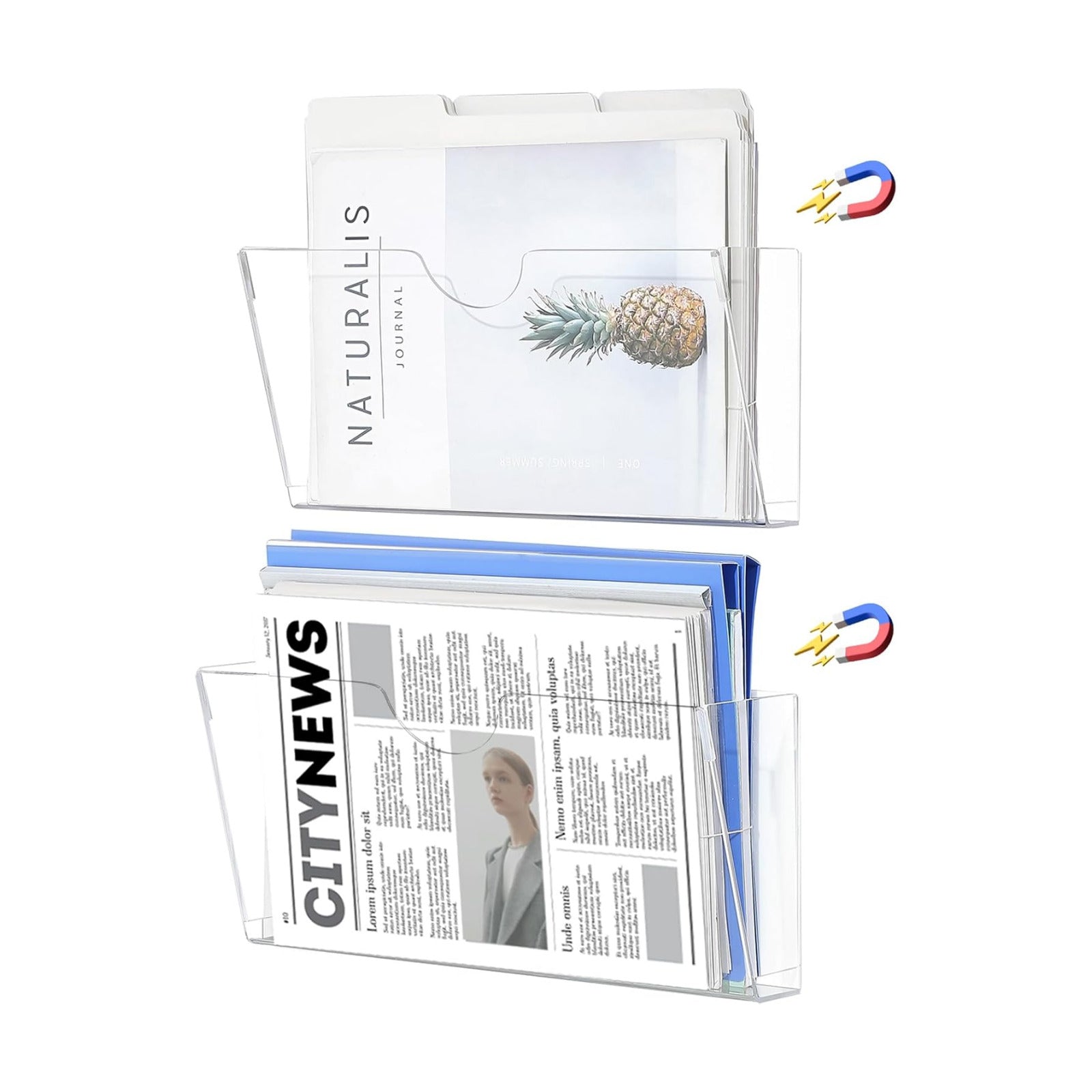 Qozary Clear Acrylic Magnetic File Holder - 2 Pack Magazine Rack for File Cabinets, Magnetic Mail Holder, File