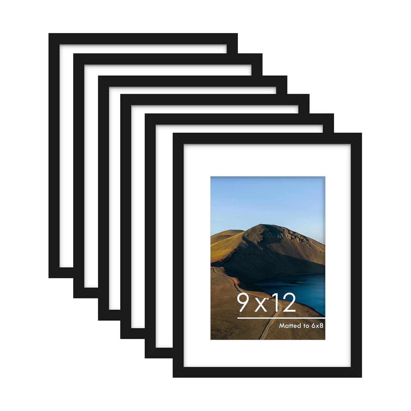 9x12 Picture Frame Set of 6, Wall or Tabletop Display, Black | Display Pictures 6x8 with Mat or 9x12 Without Mat