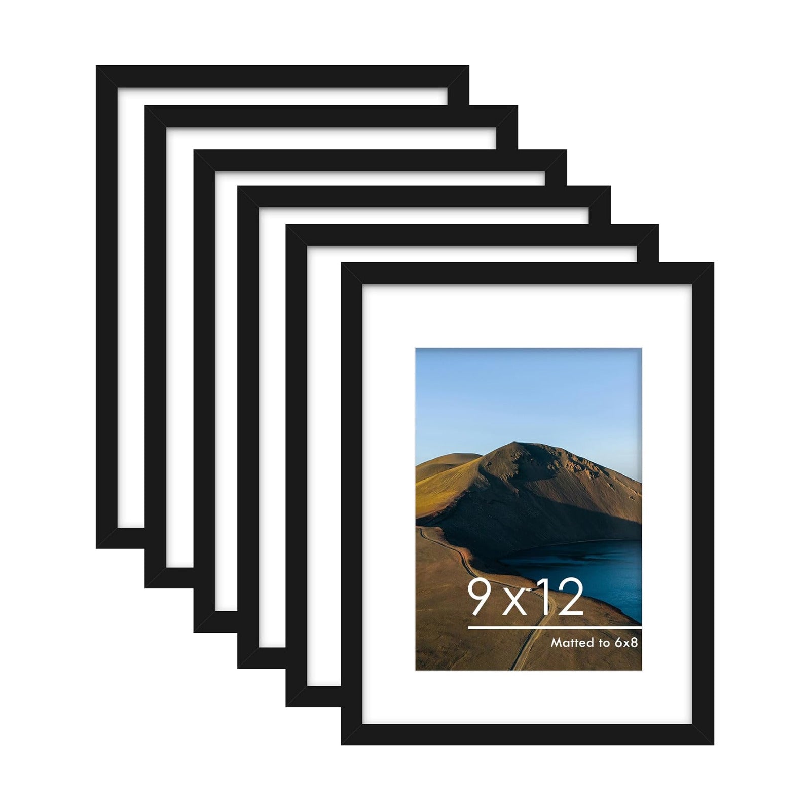 9x12 Picture Frame Set of 6, Wall or Tabletop Display, Black | Display Pictures 6x8 with Mat or 9x12 Without Mat