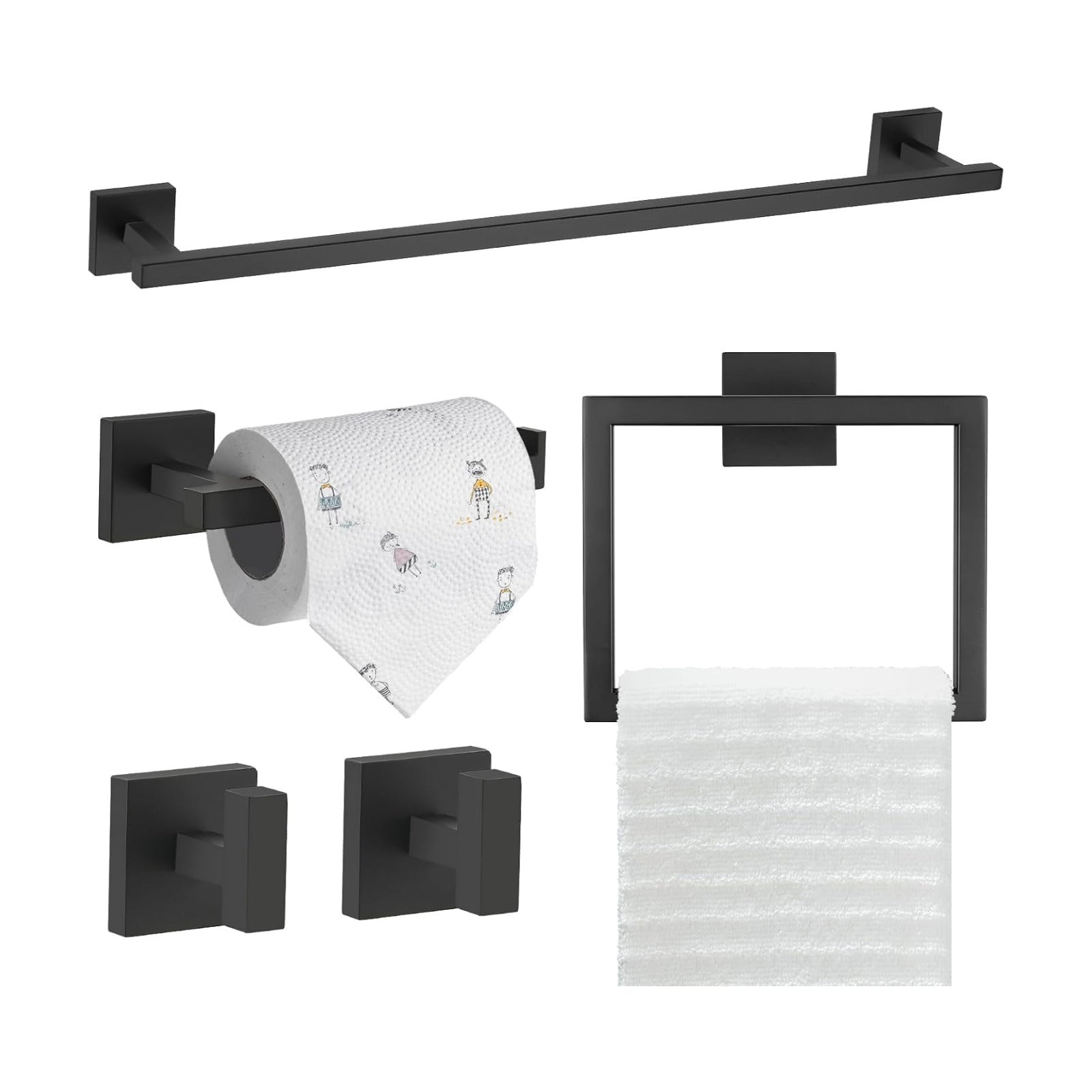 TQKAG 5-Piece Towel Bar Set, 23.6 Inch Bathroom Hardware Set, Matte Black | SUS304 Stainless Steel, Towel Rack for