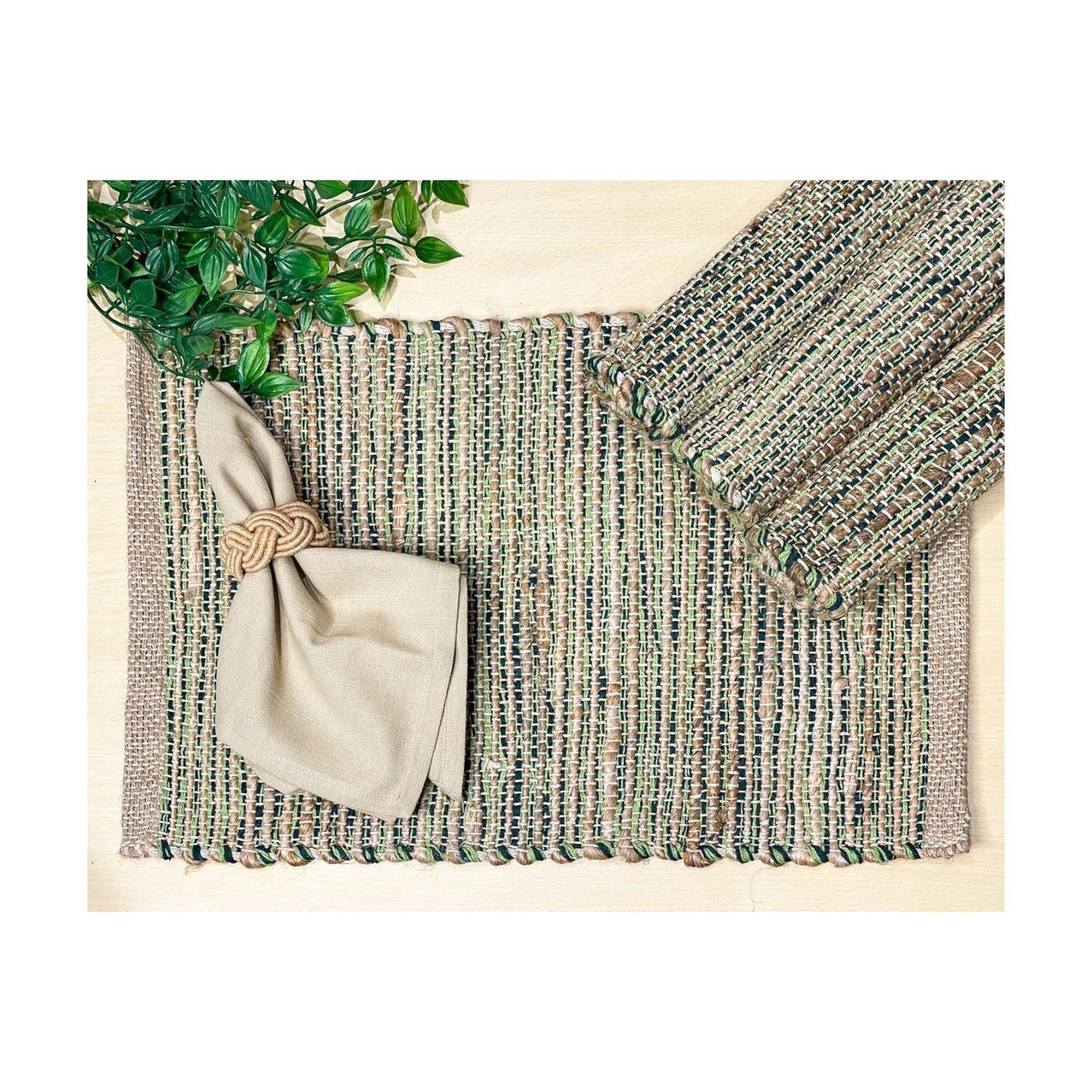Natural Jute & Green Placemats, Set of 4 – Rustic Handmade Boho Table Mats, 13x19 Inch Dining Table Placemats for