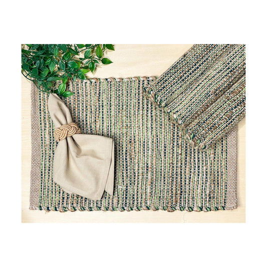Natural Jute & Green Placemats, Set of 4 – Rustic Handmade Boho Table Mats, 13x19 Inch Dining Table Placemats for