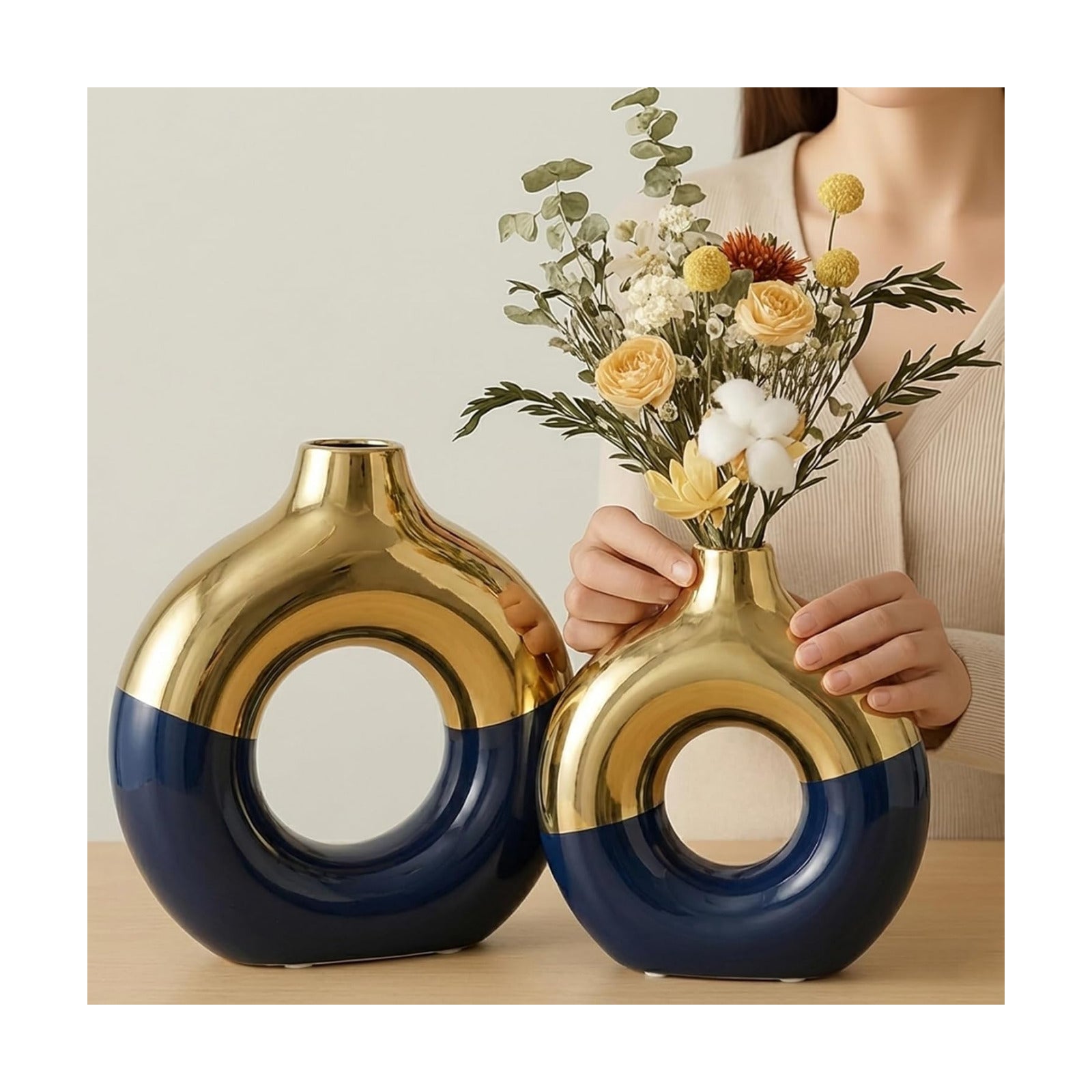Modern Matte Ceramic Vases for Entryway Living Room / Blue and Gold / Set of 2
