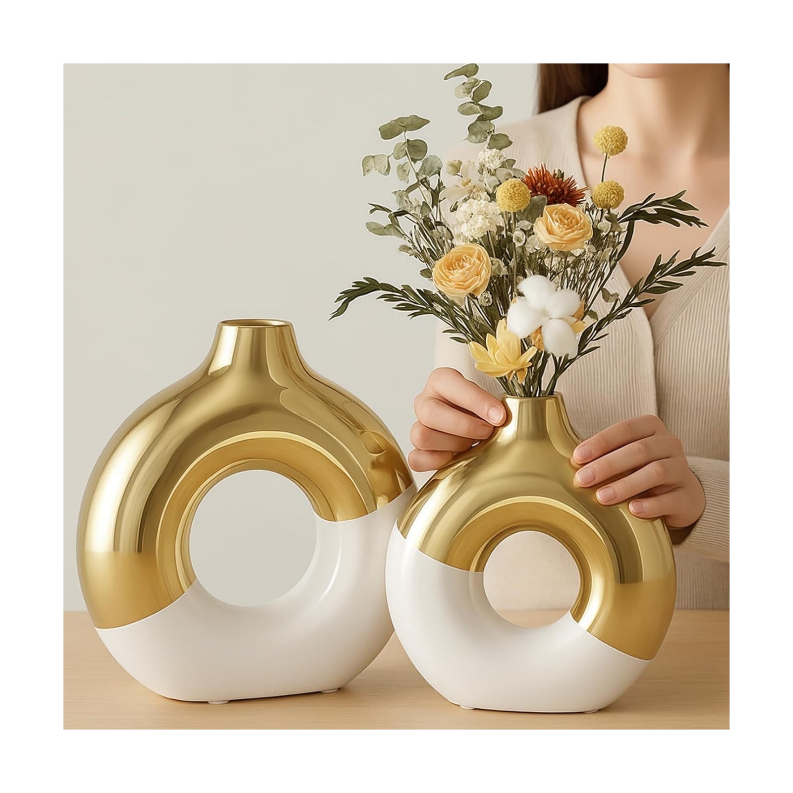 Modern Matte Ceramic Vases for Entryway Living / White and Gold / Set of 2