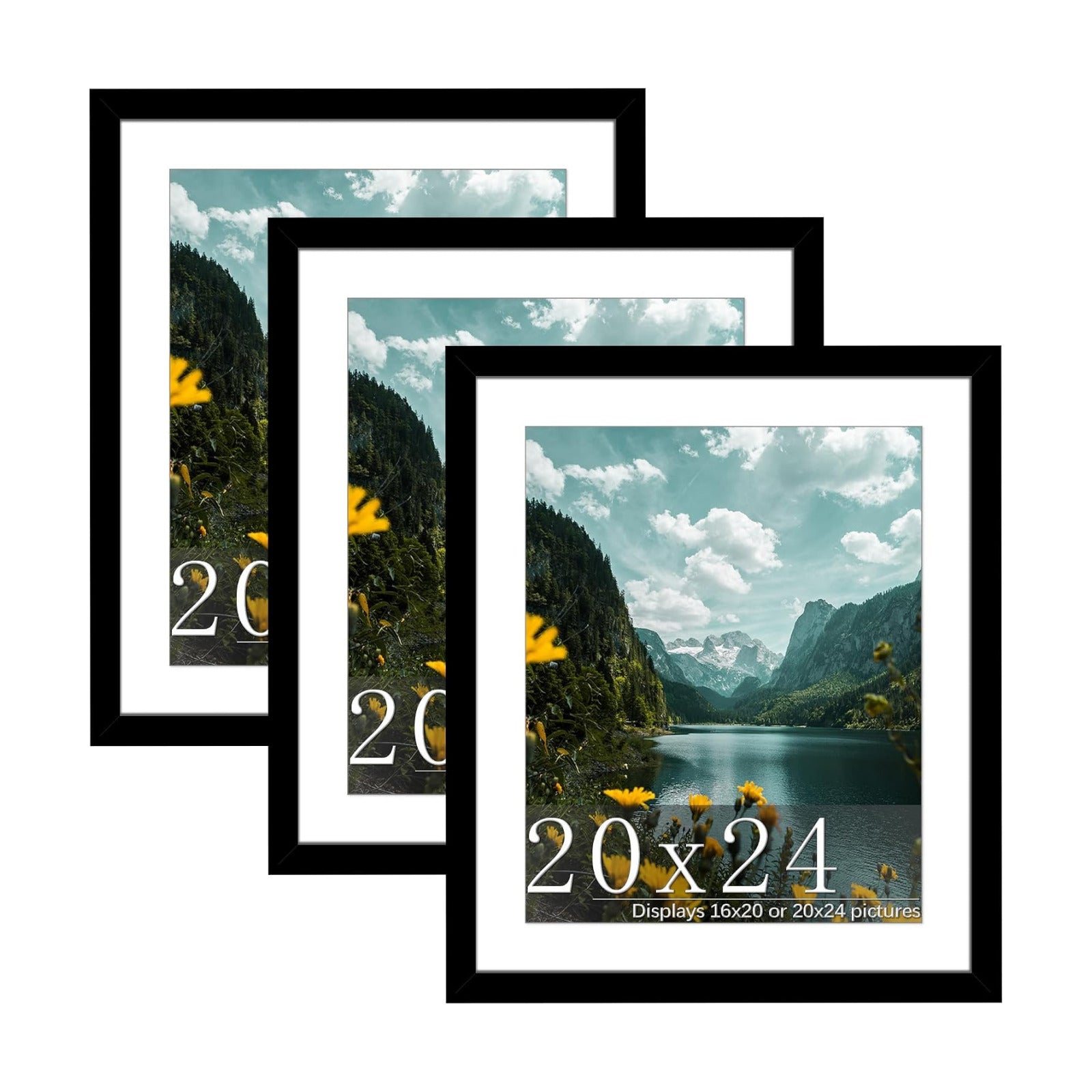 20x24 Black Picture Frame, Poster Frame for Wall, 3 Pack | Fits 16x20 Photos With Mat or 20x24 Without Mat, Vertical or
