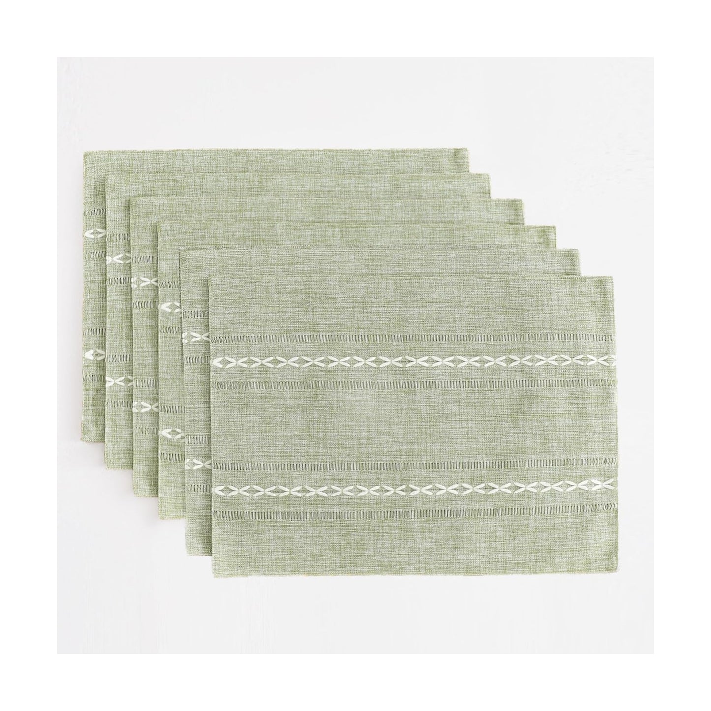 Wracra Cotton Linen Place Mats, Sage Green Embroidered Placemats Set of 6 | Placemats 12 x 18 Inch; Cotton Linen Woven