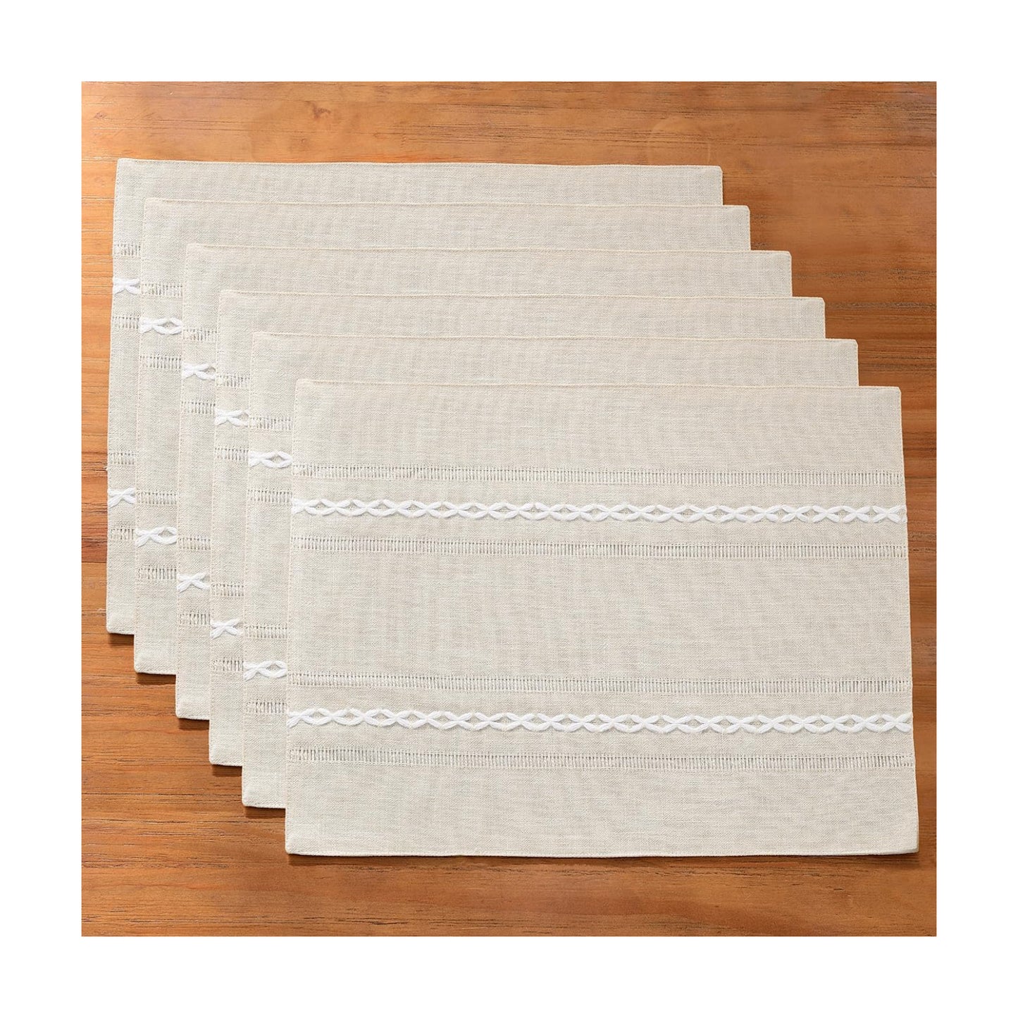 Wracra Cotton Linen Place Mats, Ivory Embroidered Placemats Set of 6 | Placemats 12 x 18 Inch; Cotton Linen Woven