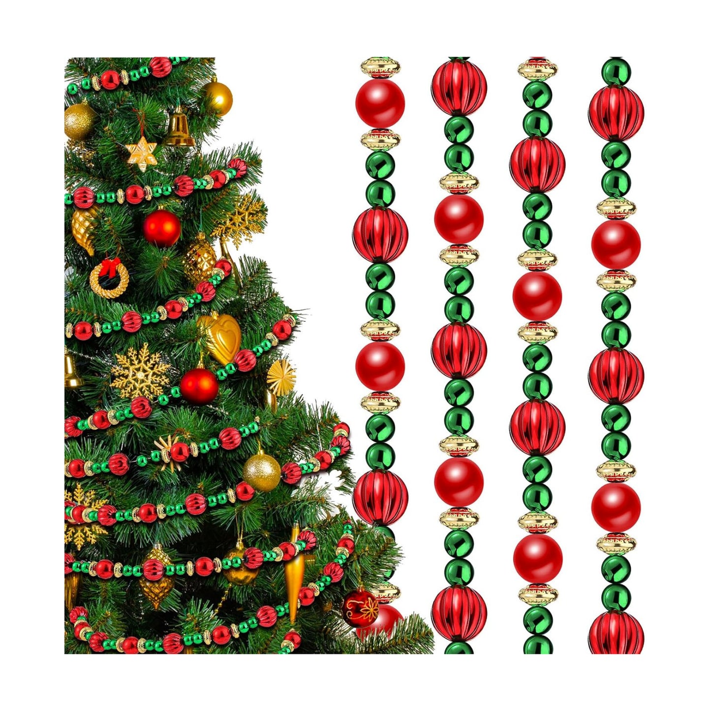 Geosar 12 Pcs 2 Pcs Bead Garland for Christmas Tree 9 Feet Red and Green | Twisted Pearl Beads with Gold Spacers
