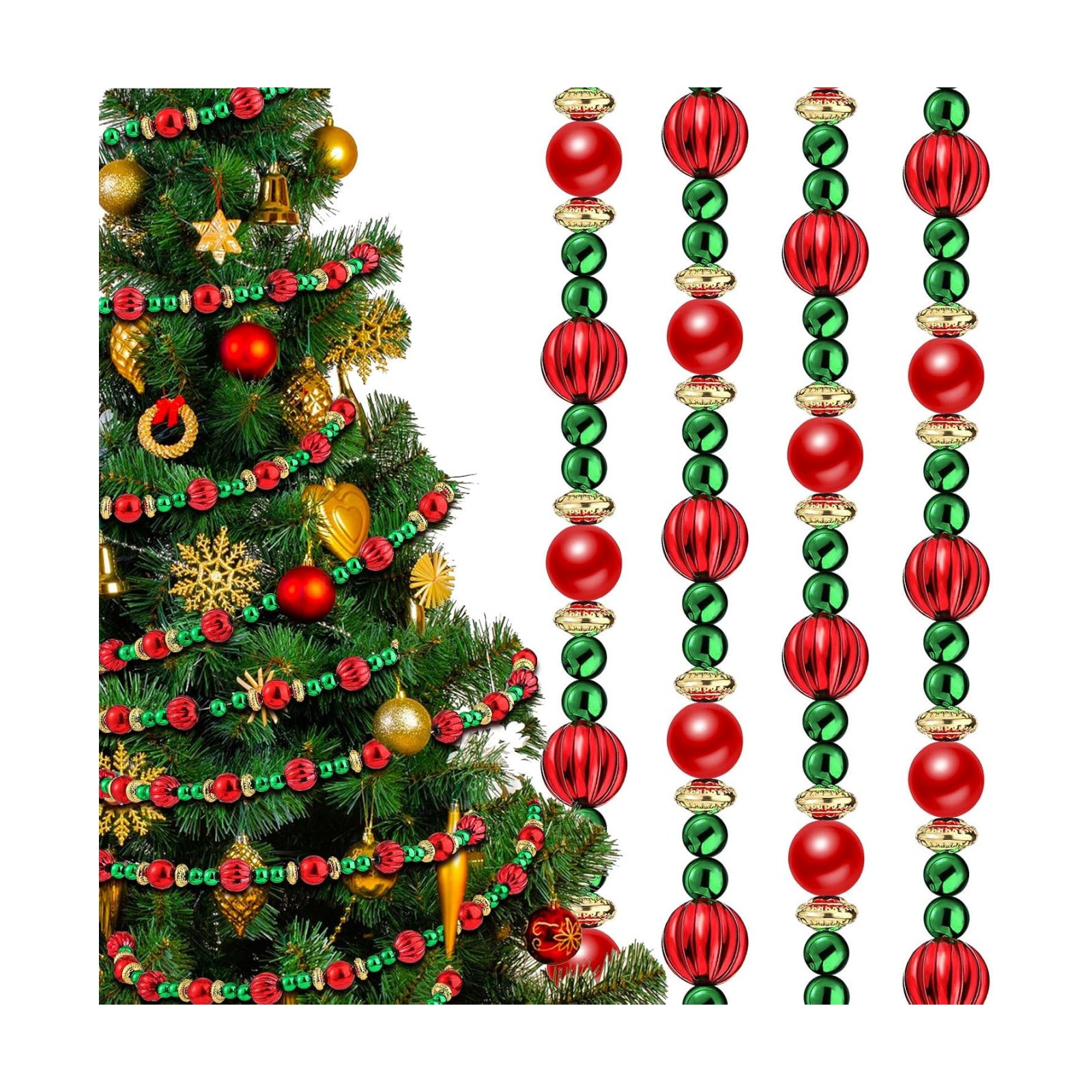 Geosar 12 Pcs 2 Pcs Bead Garland for Christmas Tree 9 Feet Red and Green | Twisted Pearl Beads with Gold Spacers