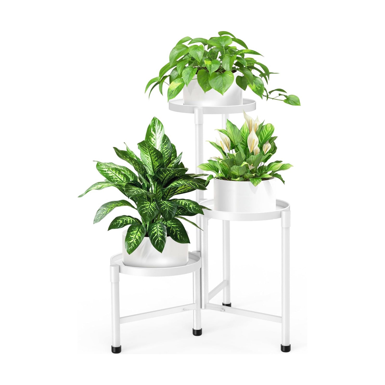 3 Tier Metal Corner Plant Stand Indoor Outdoor, 10 Inch Wide Tray, White | 30 In Tall Foldable Iron Flower Pot Holder