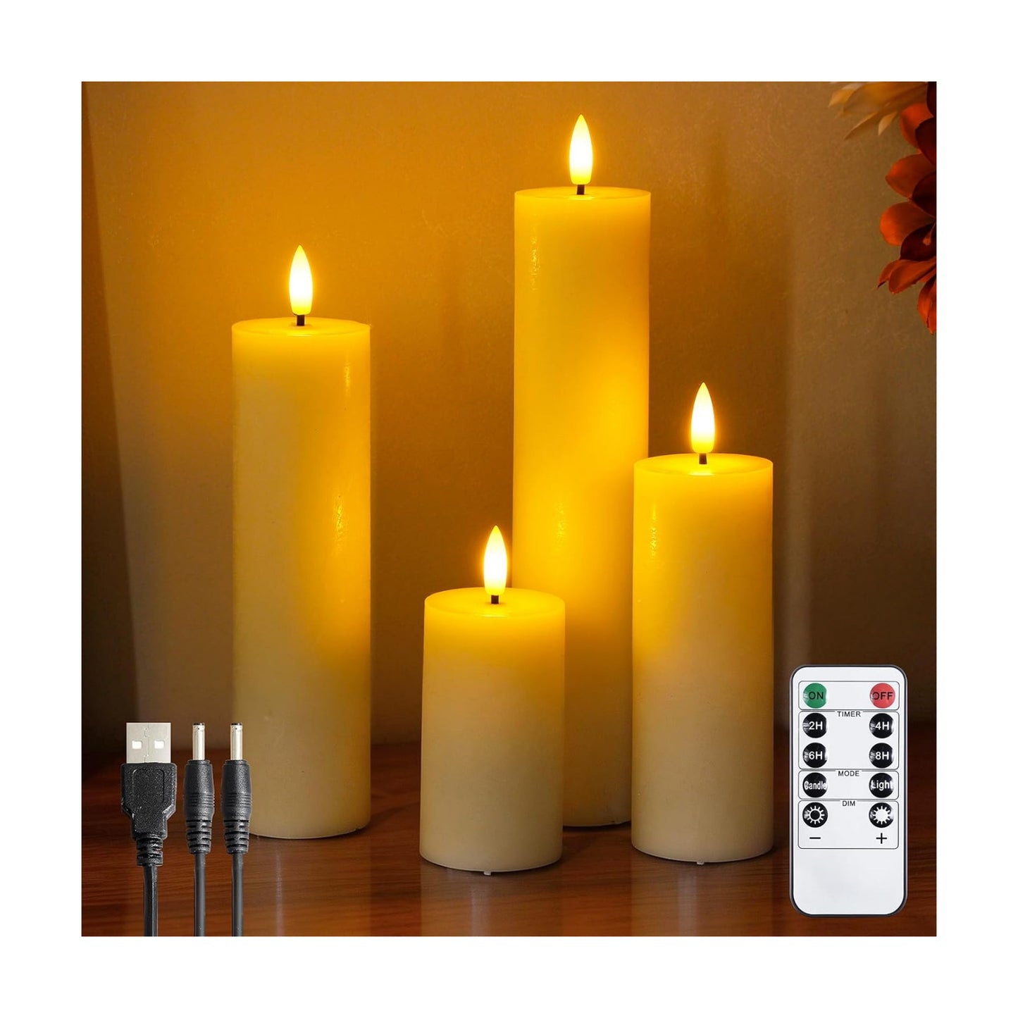 Rechargeable Flameless Flickering Tall Wax Remote 2.2" x4" 6" 8" 10" Ivory Candles, Timer Set of 4 LED Battery Operated
