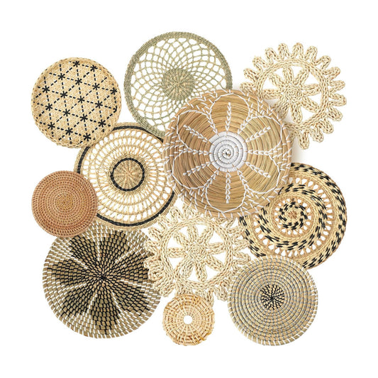 Boho Wall Basket Decor Bulrush Woven Wall Hanging Art Round Farmhouse Rustic / Vivid / Set of 11