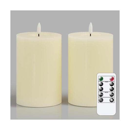 Flameless Flickering D: 4" H: 6" Real Wax Ivory Remote Candles with Candle Grease, Pack of 2 Timer LED Battery Operated