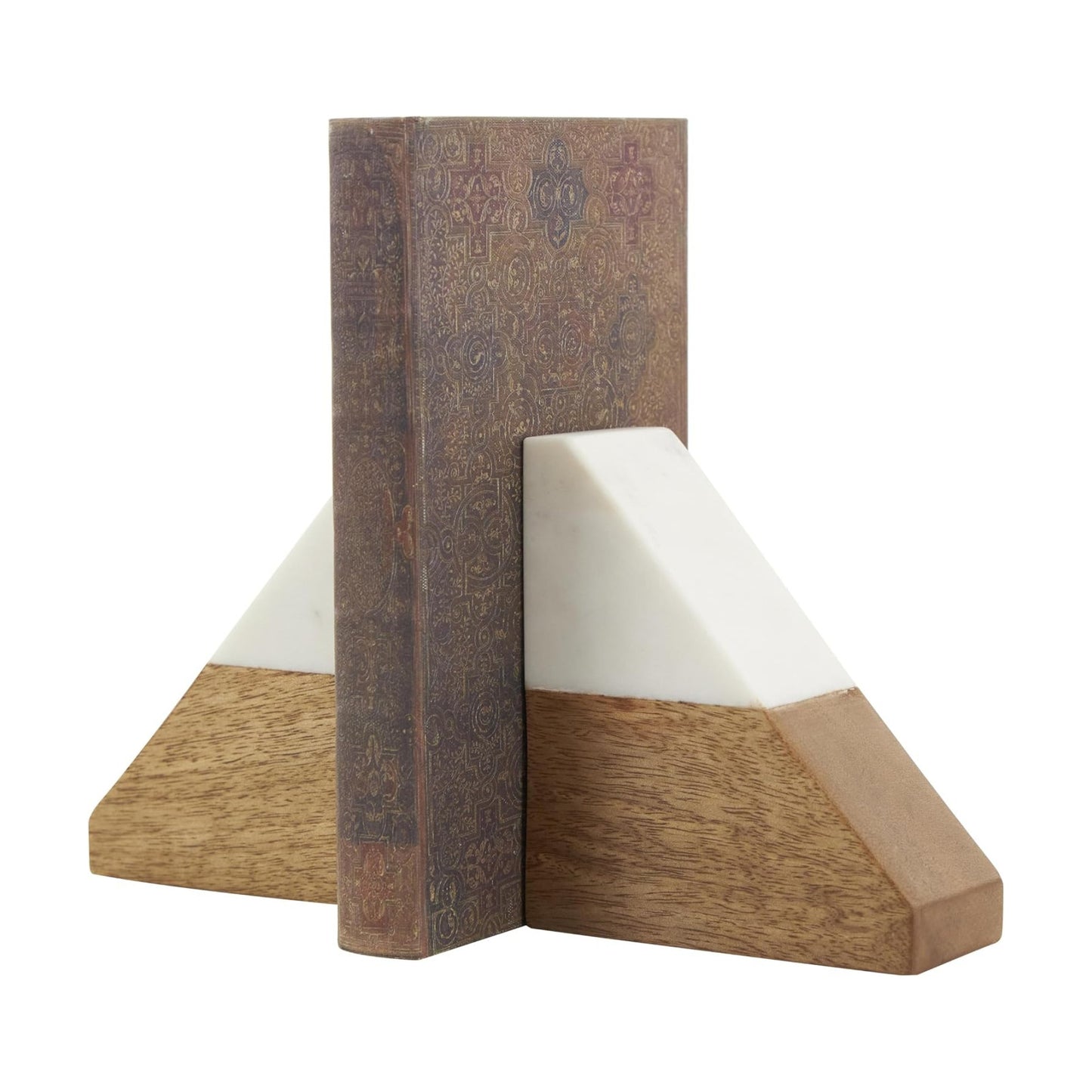 Mango Wood Geometric Decorative Bookends Triangle 3 lbs Non Skid / 4"w, 5"H / White / Set of 2