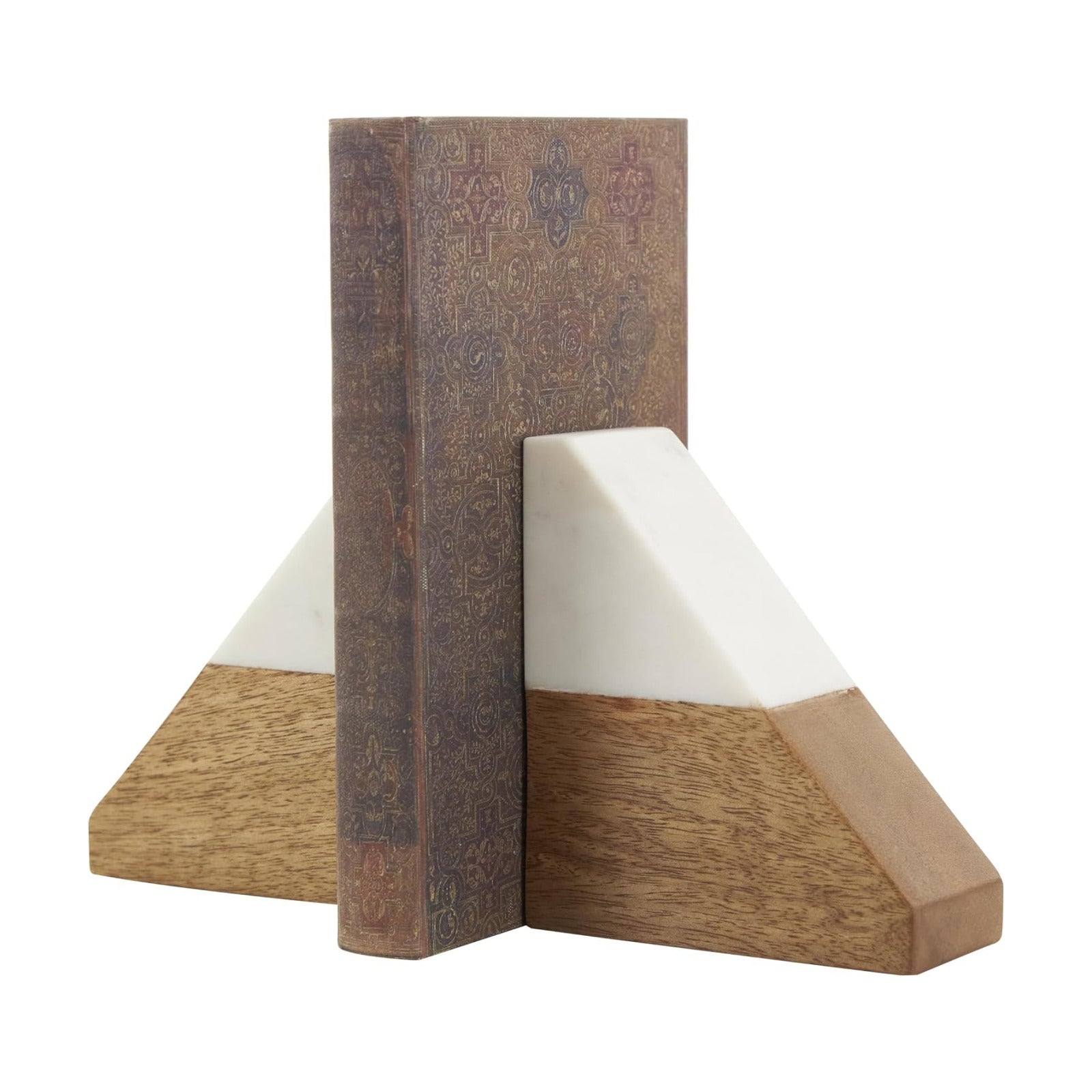 Mango Wood Geometric Decorative Bookends Triangle 3 lbs Non Skid / 4"w, 5"H / White / Set of 2