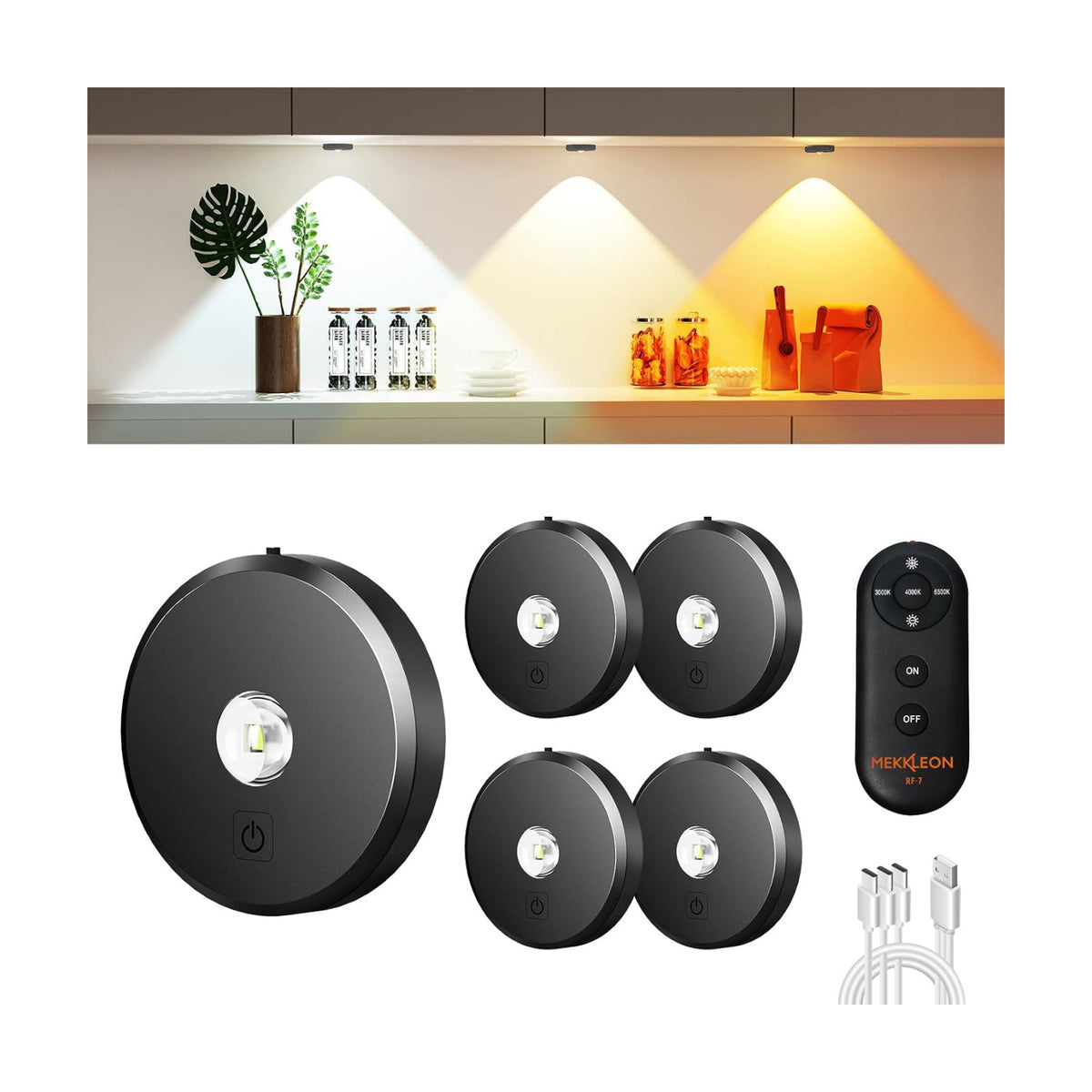 Puck Lights with Remote Control, Rechargeable Wireless Under Cabinet Lighting, 5 Pcs (Dark Grey) - Tap Push Touch