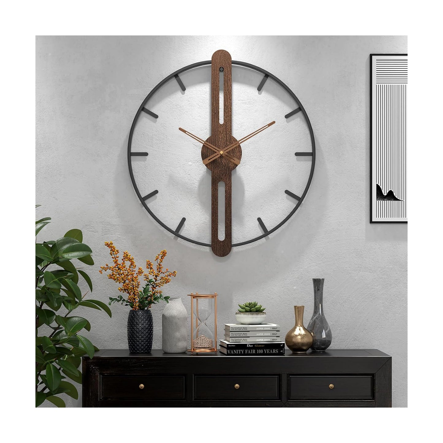Modern Walnut Dial Wall Clock, Wood Large Wall Clock Decor Metal Frame Silent Non Ticking for Living Room, Bedroom