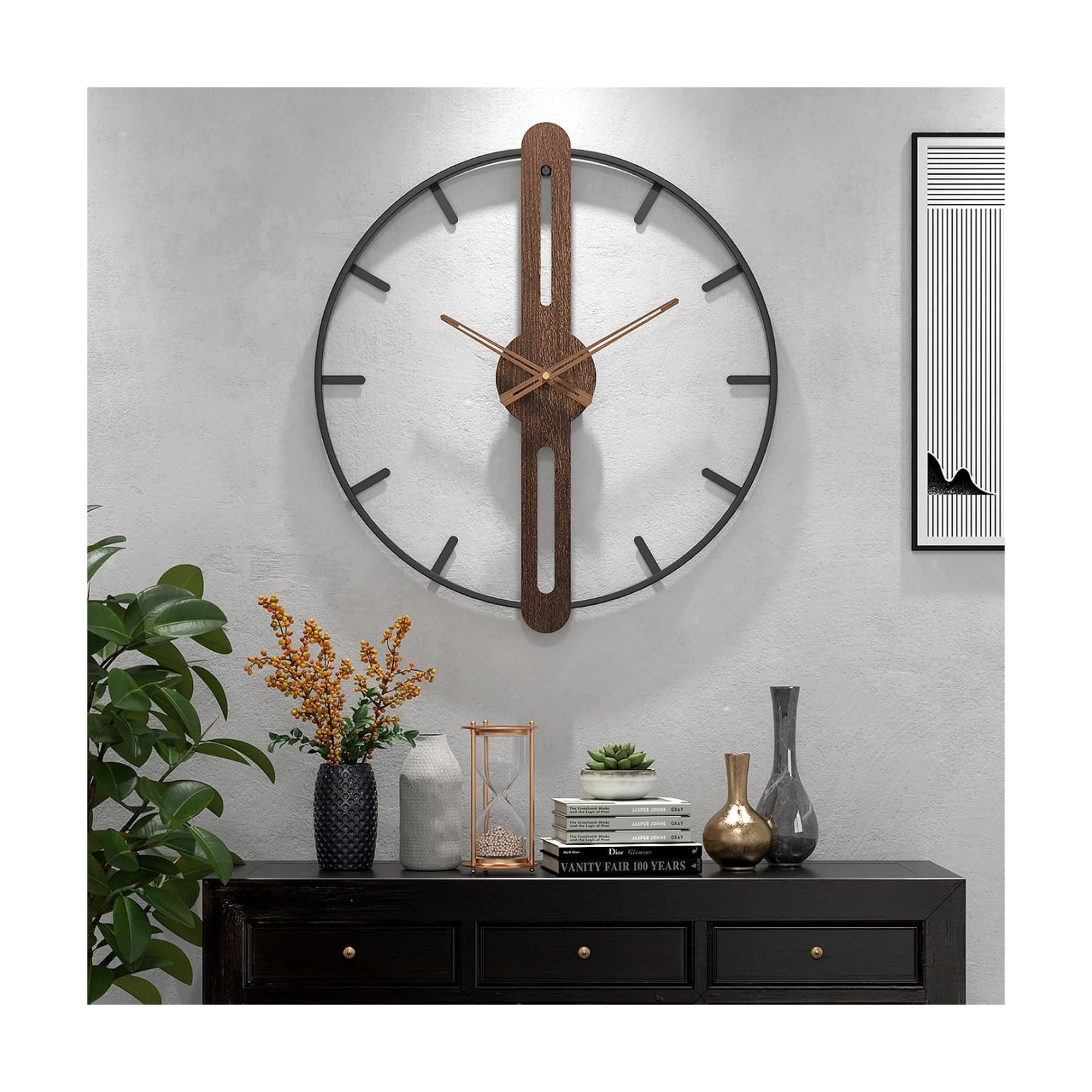 Modern Walnut Dial Wall Clock, Wood Large Wall Clock Decor Metal Frame Silent Non Ticking for Living Room, Bedroom