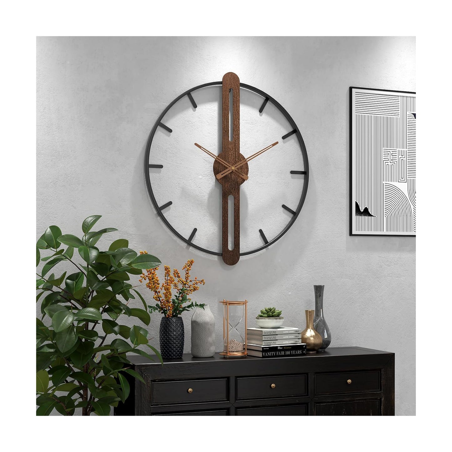 Modern Walnut Dial Wall Clock, Wood Large Wall Clock Decor Metal Frame Silent Non Ticking for Living Room, Bedroom