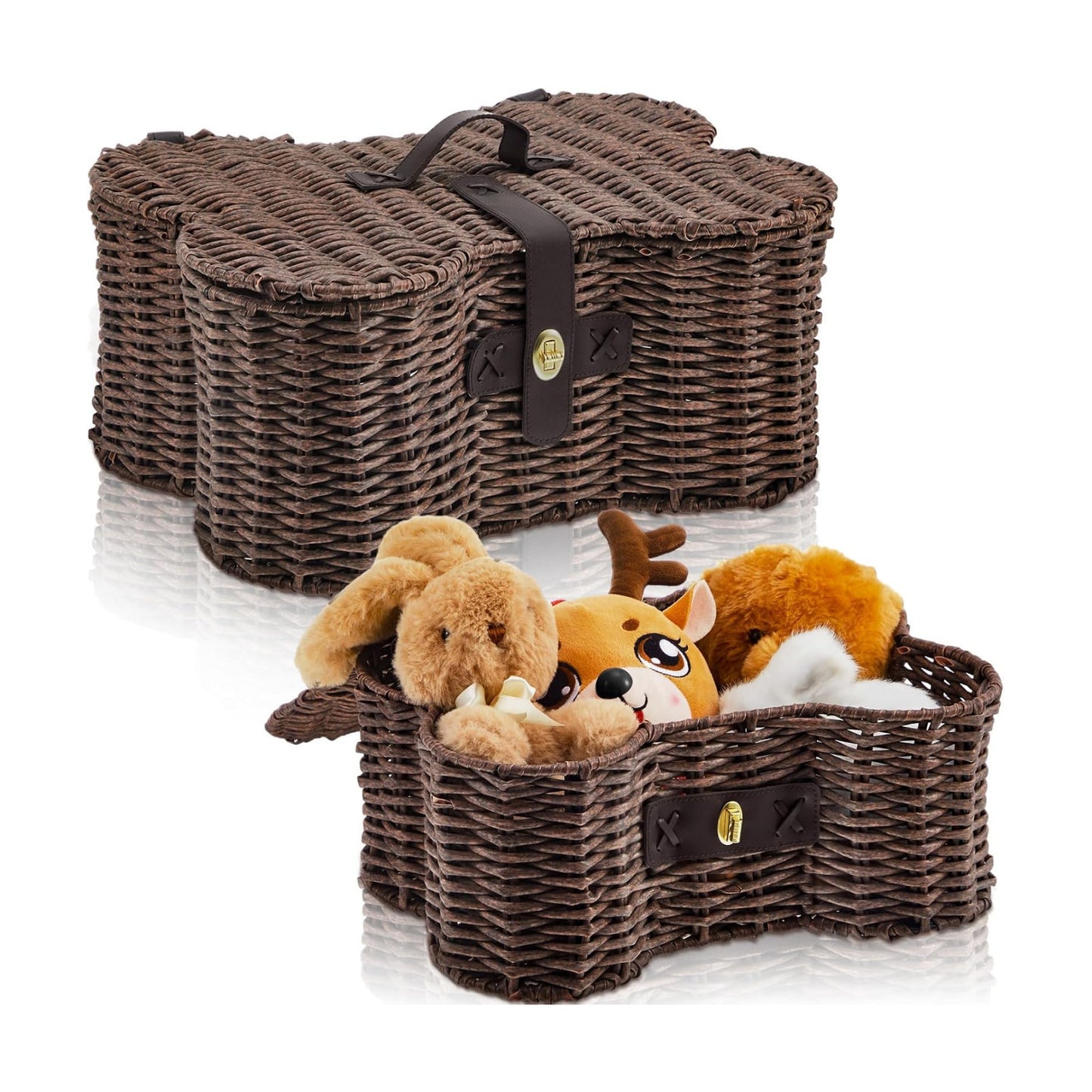Lid Bone Shaped Basket for Dog Natural Woven Handmade Pet Puppy / Wicker / Dark Brown / Set of 2