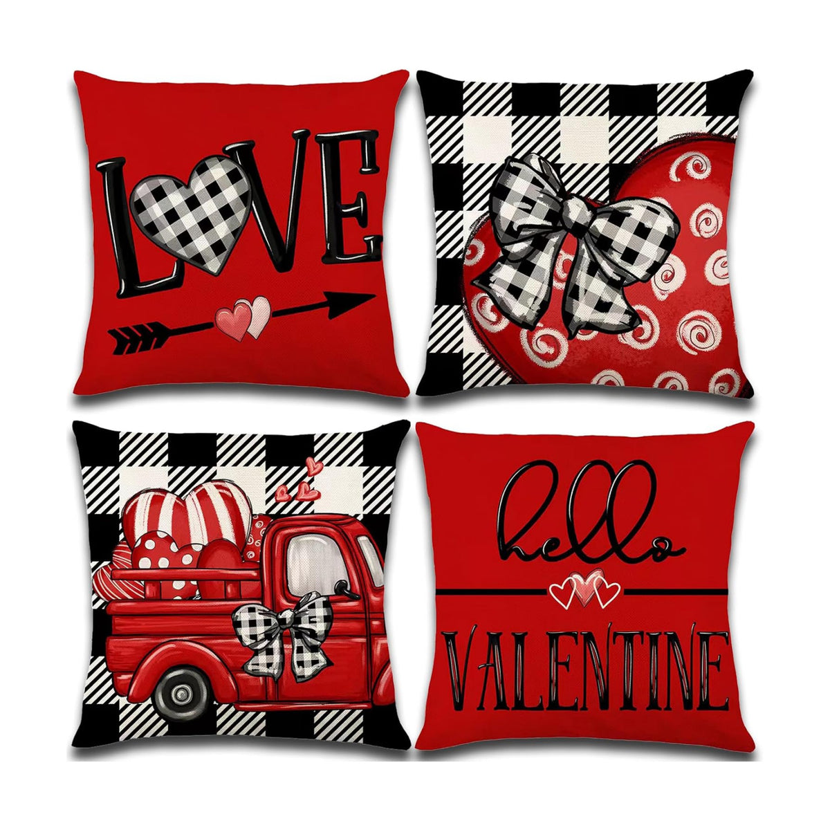 Valentines Day Decorations-Throw Pillow Covers 18x18 in set of 4,Valentine Linen Pillow Case with Red Buffalo Plaid Heart Love Truck for Large Couch Sofa Home Inside Outside Holiday Party Decor