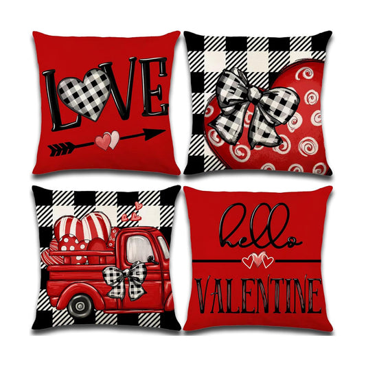 Valentines Day Decorations-Throw Pillow Covers 18x18 in set of 4,Valentine Linen Pillow Case with Red Buffalo Plaid Heart Love Truck for Large Couch Sofa Home Inside Outside Holiday Party Decor