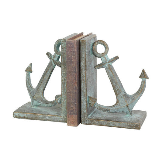 Polystone Anchor Decorative Bookends Distressed Patina Non Skid / SMALL SIZE / Blue / Set of 2
