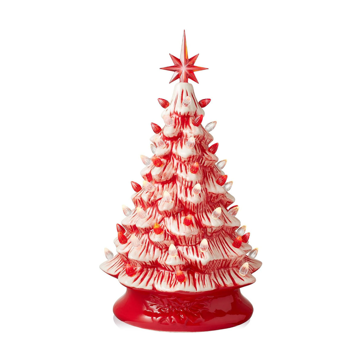 Casafield Hand Painted Ceramic Christmas Tree, Red and White Peppermint 15-Inch Pre-Lit Tree with 128 Red and Clear Lights, 2 Star Toppers